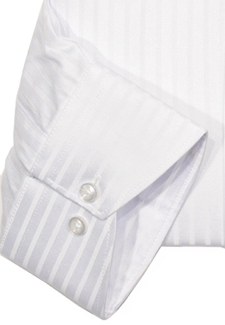 Marcello Sport striped white shirt is Perfect for the office and a night out. This shirt is sure to illicit complements, a great looking shirt to emphasize your good looks.  For guys that have to move up a size due to the belly being be to tight, but then have way too much fabric in the arms and shoulders. This new fit pairs a standard shoulder size with a mid section one size larger.