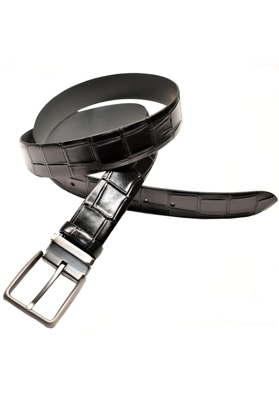 Pants or jeans are perfect for this crocodile stamped belt on glove leather. Soft glazed, polished buckle. Colors: Black, Chocolate  Men's Embossed Crocodile Belt by Marcello Sport.  Italian leather stamped and shaded. Satin nickel finished buckle. Imported. Sizes 30 - 44.