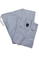 Classic navy blue stripe on soft cotton fabric. Long sleeve top with a chest pocket, draw string pant with open leg. Classic fit.  Croix Comfort Pajamas  100% cotton machine washable. Accent white edge piping. Classic style is always easy and in fashion. Draw string pant for a relaxed feel. Shirt top with classic chest pocket.