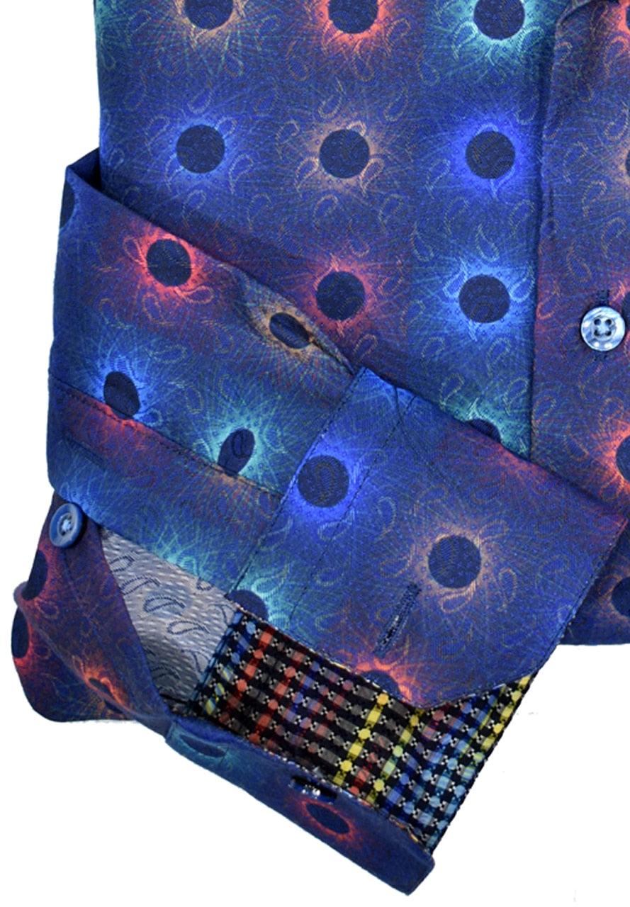 Designer InLa created this allover subtle paisley shirt with fashion colored detailing. Excellent matched trim fabric, medium spread collar.