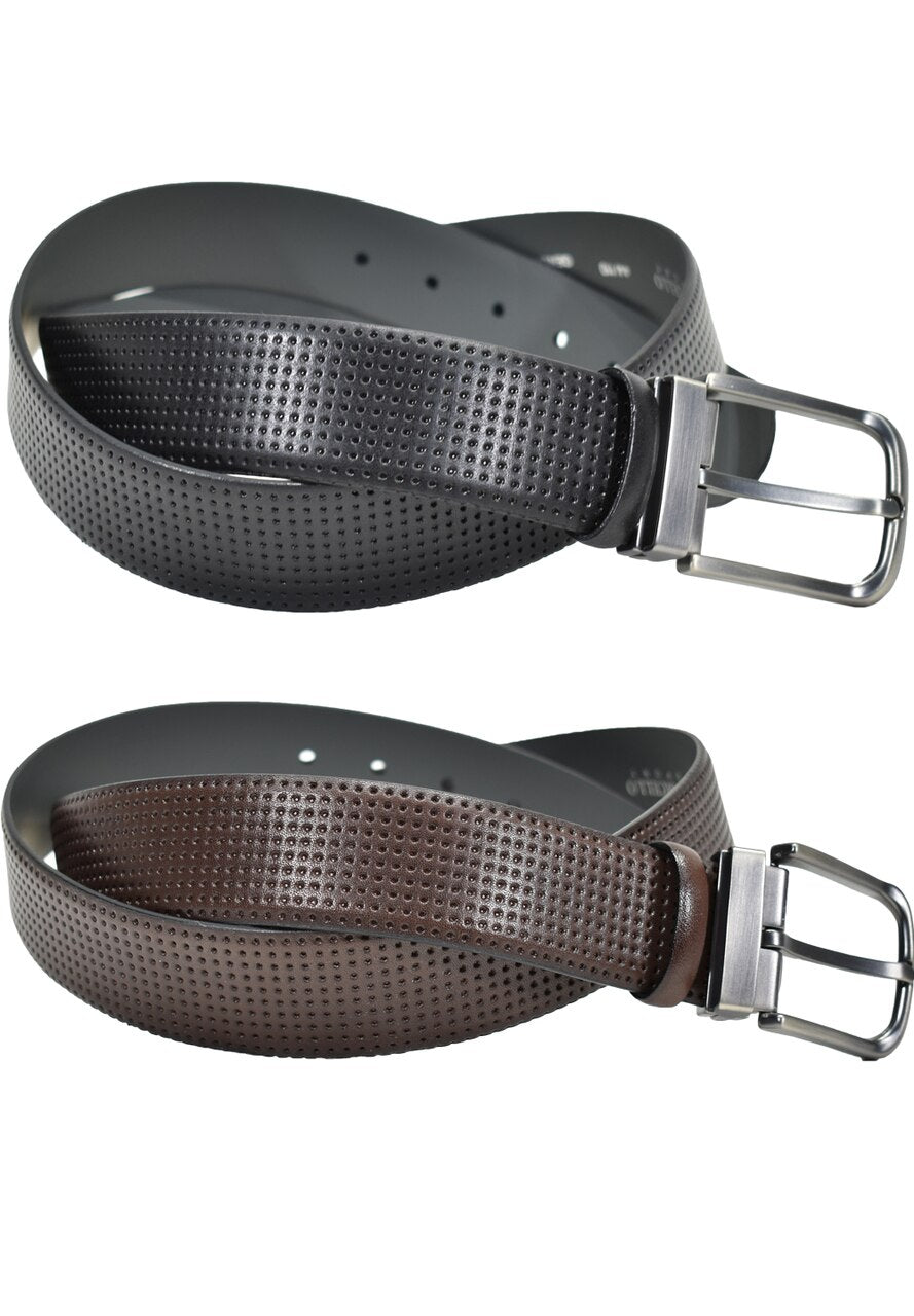 Finely perforated belt, extra fine leather for a classic, yet updated style. Black or Chocolate.  By Marcello Sport.  Finely perforated fashion pattern. Excellent with your favorite jeans or pants. Black or Chocolate. Satin Nickel Finished Buckle. Slightly wider to provide a better jeans image. Premium leather. Sizes 32-44.
