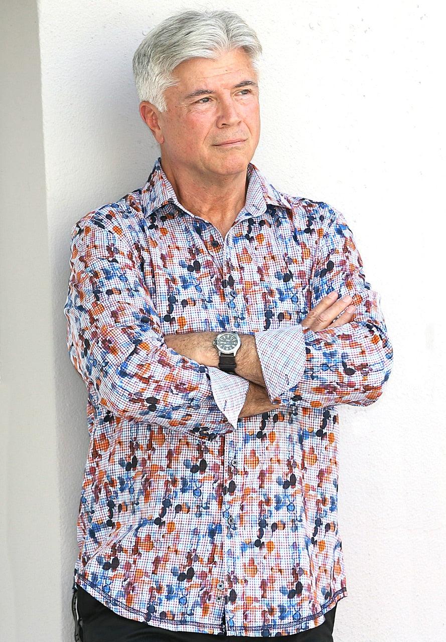 Abstract painted, water color circles over plaid Hidden button down collar looks great Medium spread collar Classic shaped fit Made in Turkey