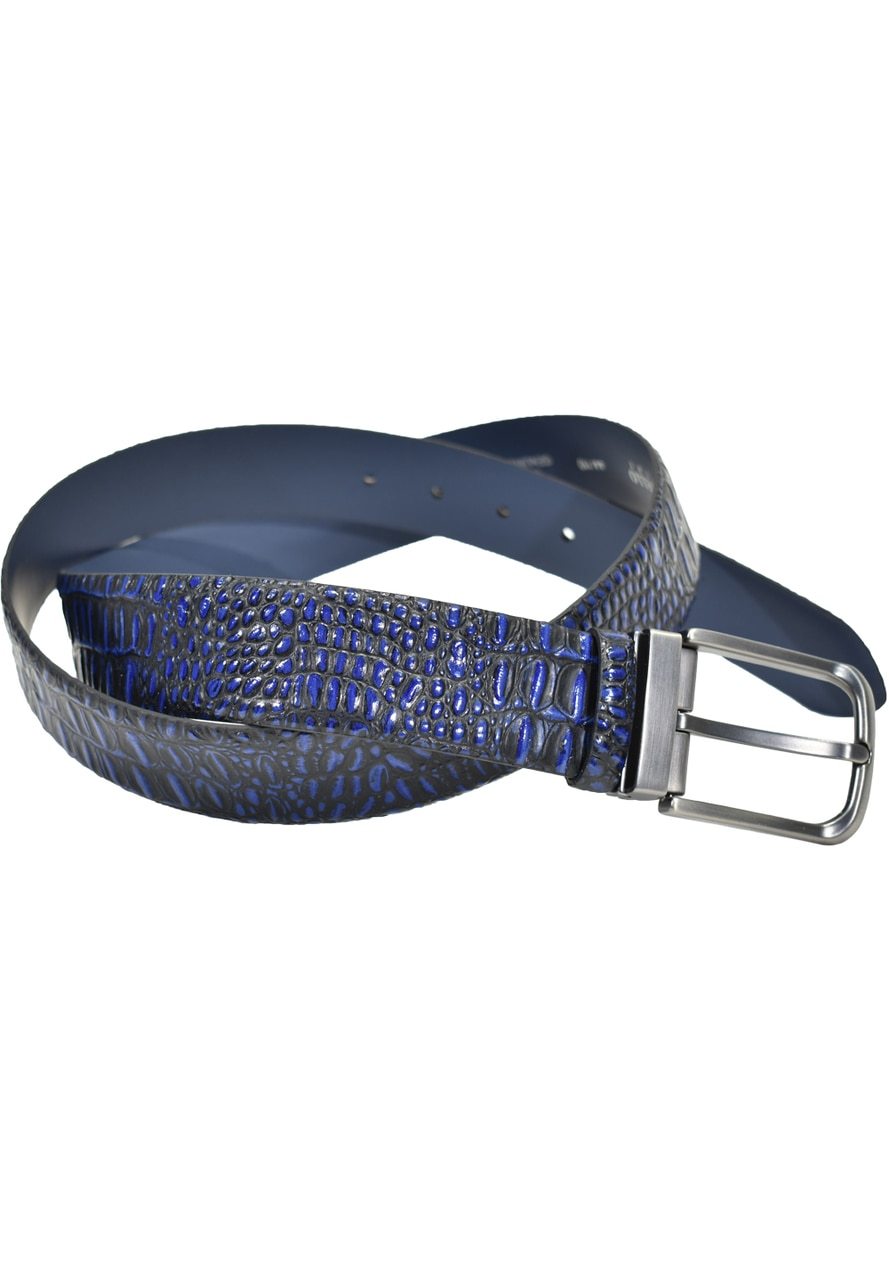 Outstanding horn back crocodile, stamped leather. An excellent choice for jeans, casual pants or even when dressed but need a little attitude. Fashion horn back crocodile, stamped leather men's belt with brushed nickel buckle by Marcello Sport.  Width: 40 mm or approximately 1 1/2 inches, sizes 30-44. Raised horn back style croc with excellent coloration. Satin nickel finished buckle. Premium leather. Sizes 30 - 44.