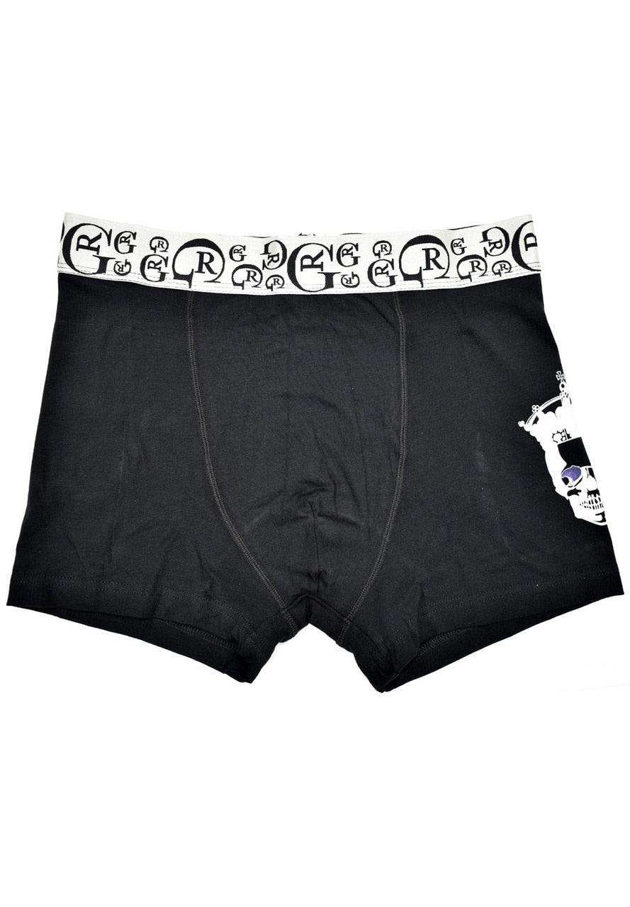 Iconic skull and crown design sits on the right thigh. Just add confidence and let the party continue! Colorfast blended cotton won't shrink or fade. Super soft peached cotton. Signature RG logo waistband.