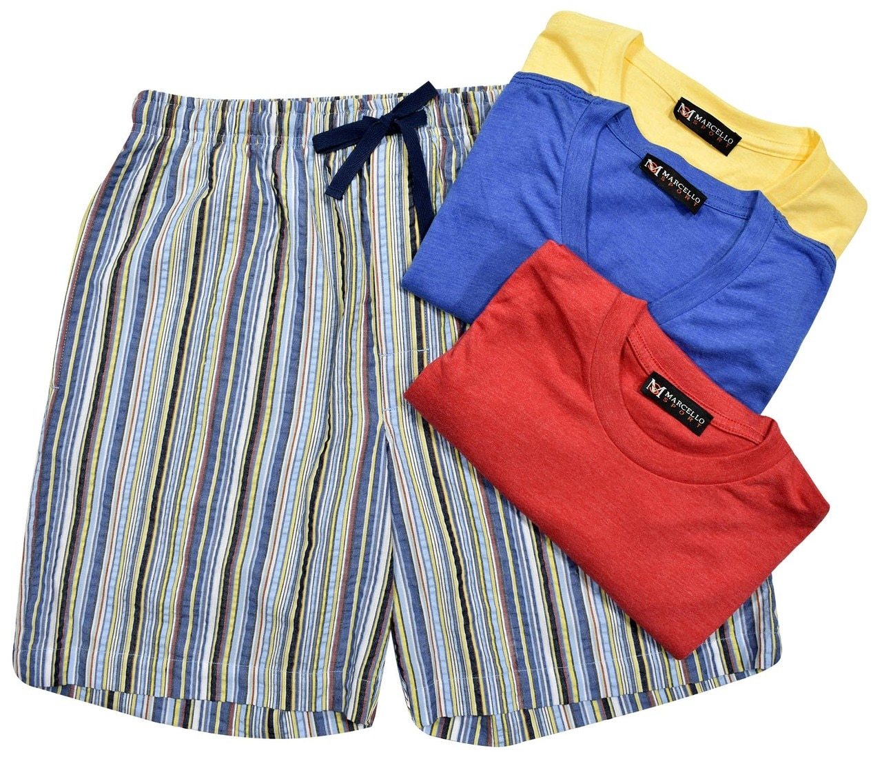 Casual and comfortable, the multi color seersucker short works well with our special performance tees. Classic short pockets and draw string. Choose your color tee or all three, in a v neck or crew neck model. Seer Sucker Multi Color Short Cotton with little lycra for stretch comfort. Machine washable Button front top. Draw string pants.