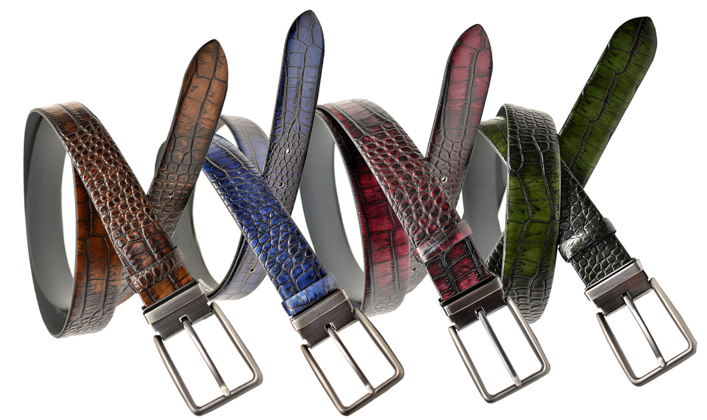 Two-Tone Italian Woven Herringbone Stretch Leather Belt in Saddle