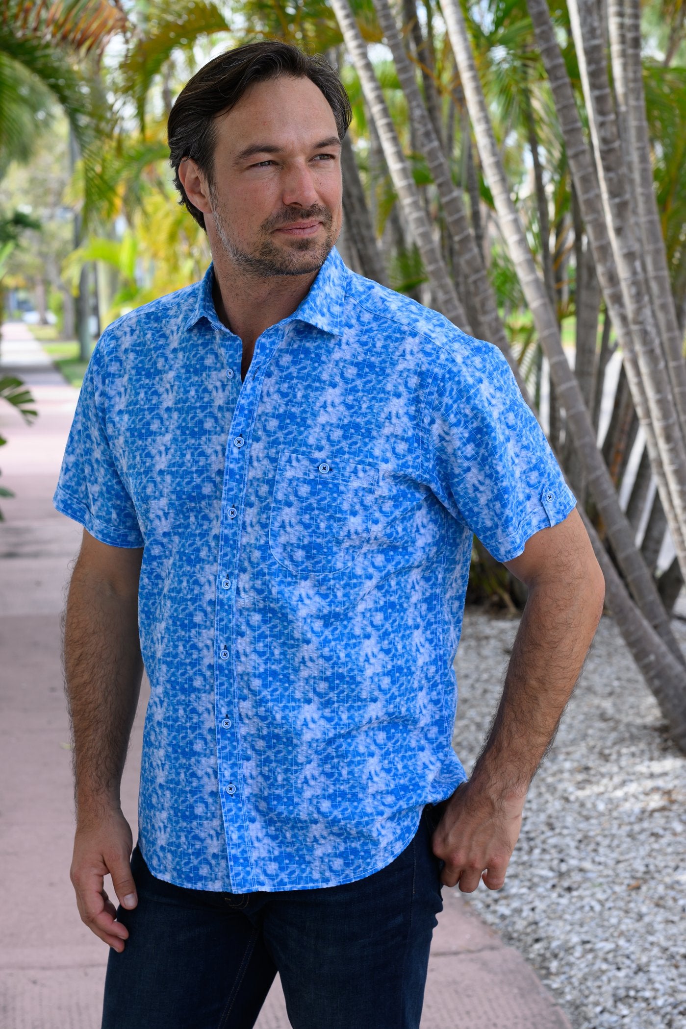 Marcello Blue short sleeve shirt on model.