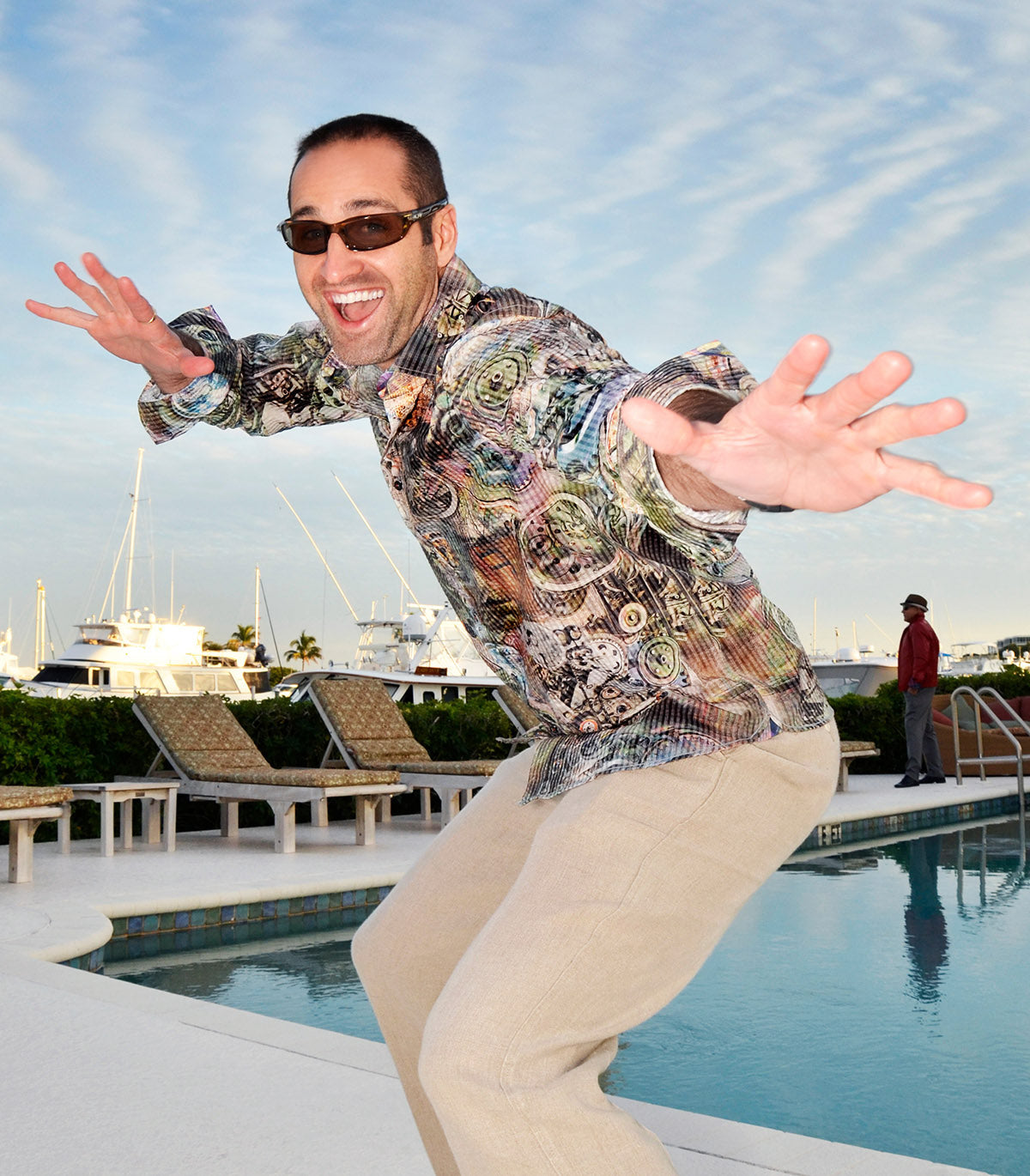 Excited model with arms outwards.