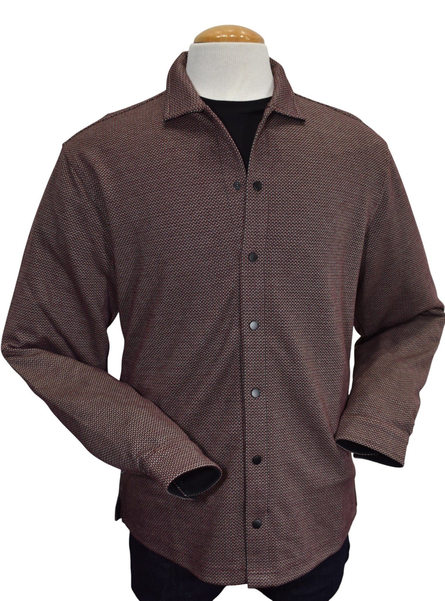 Marcello neat wine, tan black pattern in a cool snap front cardigan.