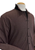 Marcello neat wine, tan black pattern in a cool snap front cardigan.
