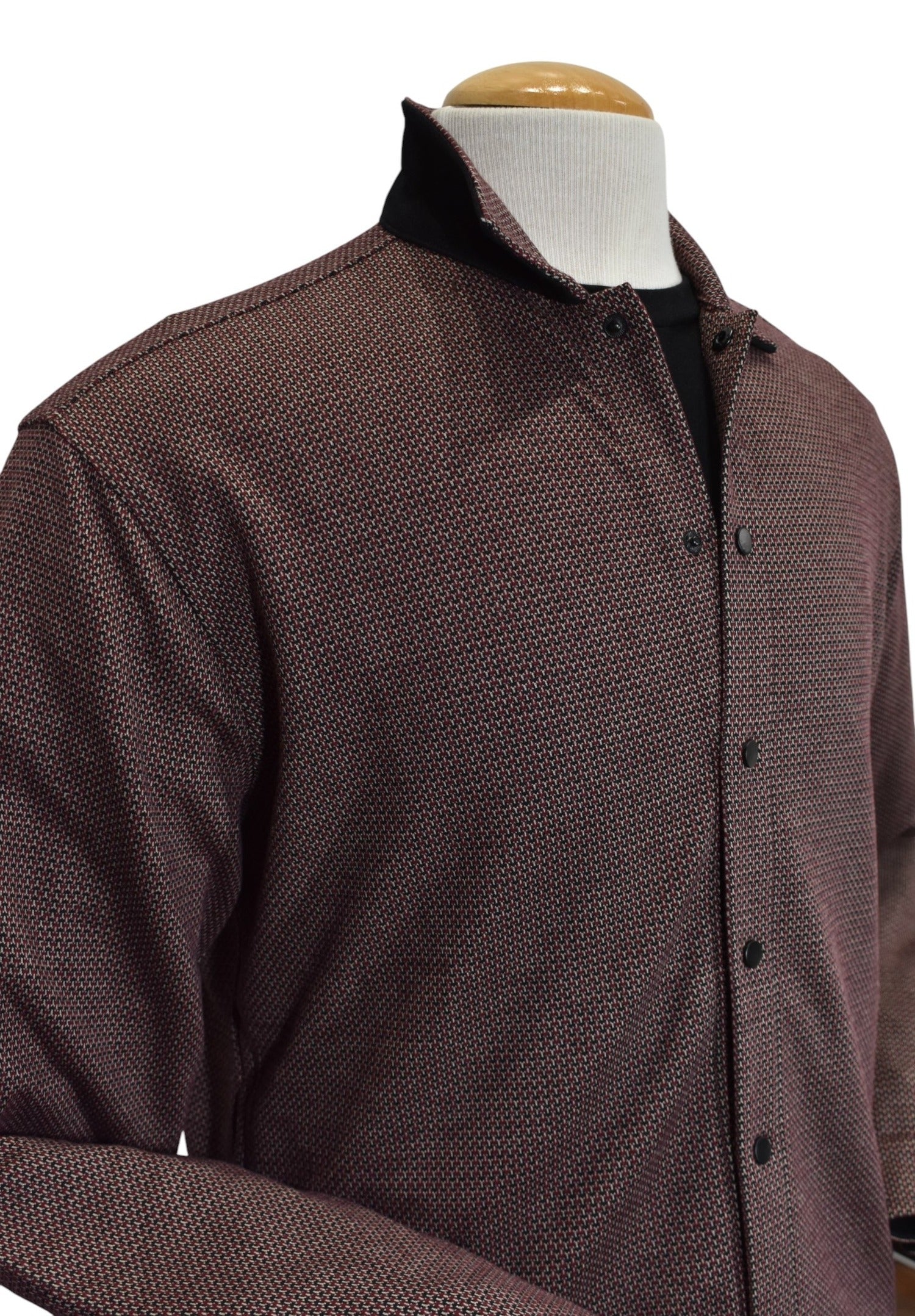 Marcello neat wine, tan black pattern in a cool snap front cardigan.