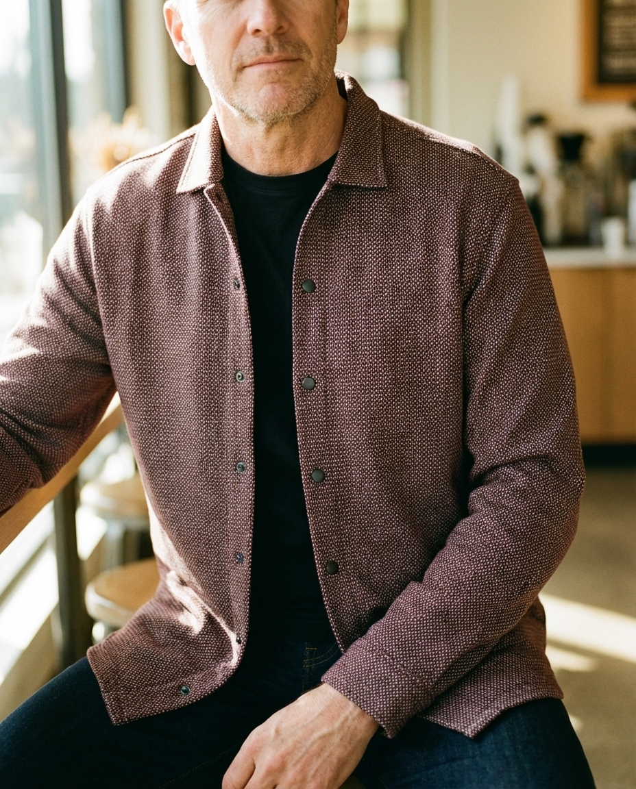 Marcello neat wine, tan black pattern in a cool snap front cardigan.