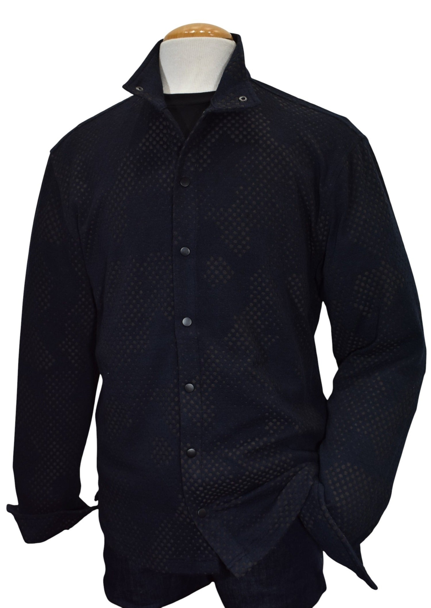 Marcello raised navy pattern with varied spots of mocha in a cool snap front cardigan