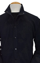 Marcello raised navy pattern with varied spots of mocha in a cool snap front cardigan