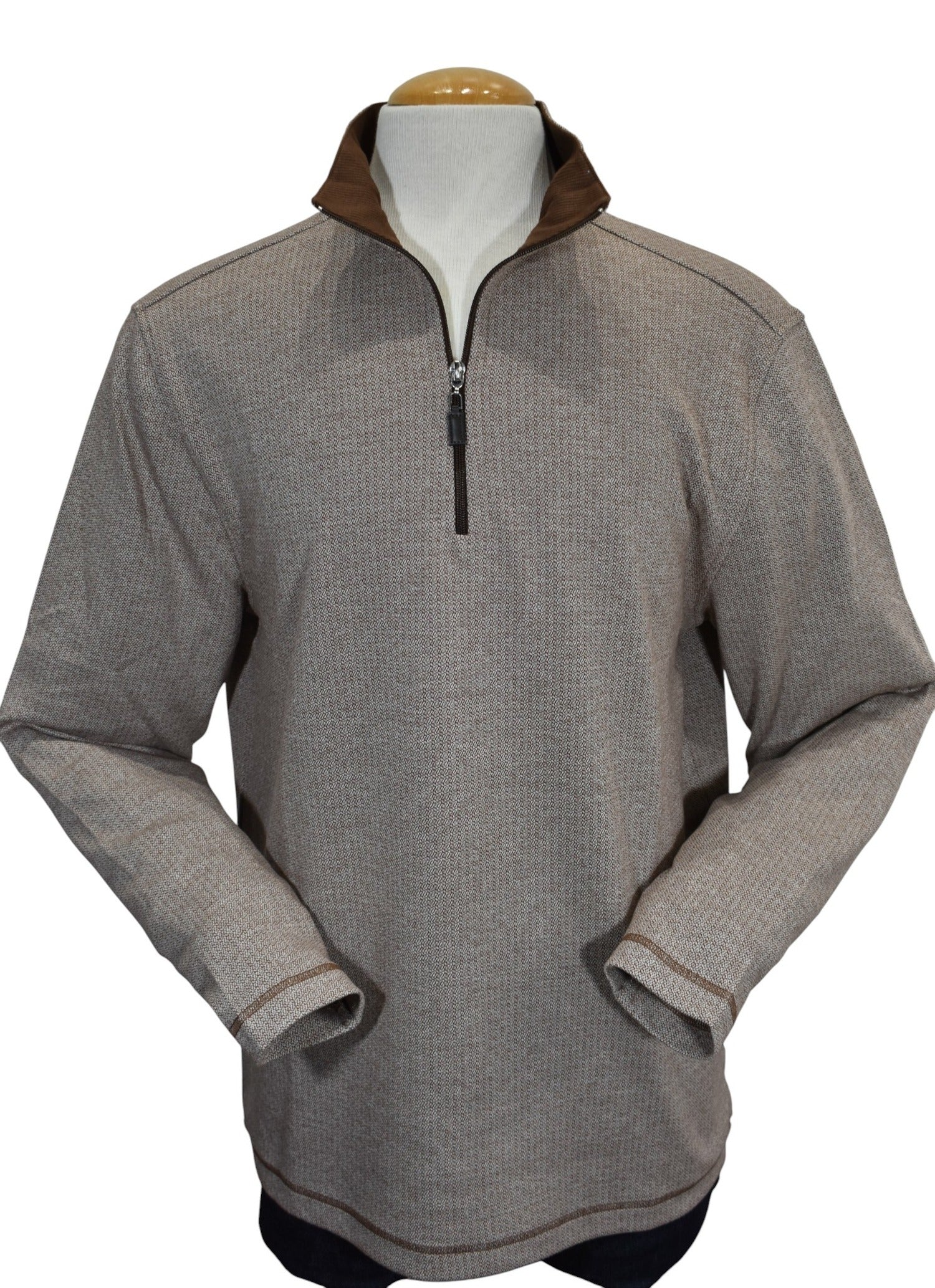 Marcello quarter zip, tan and chocolate neat pattern.