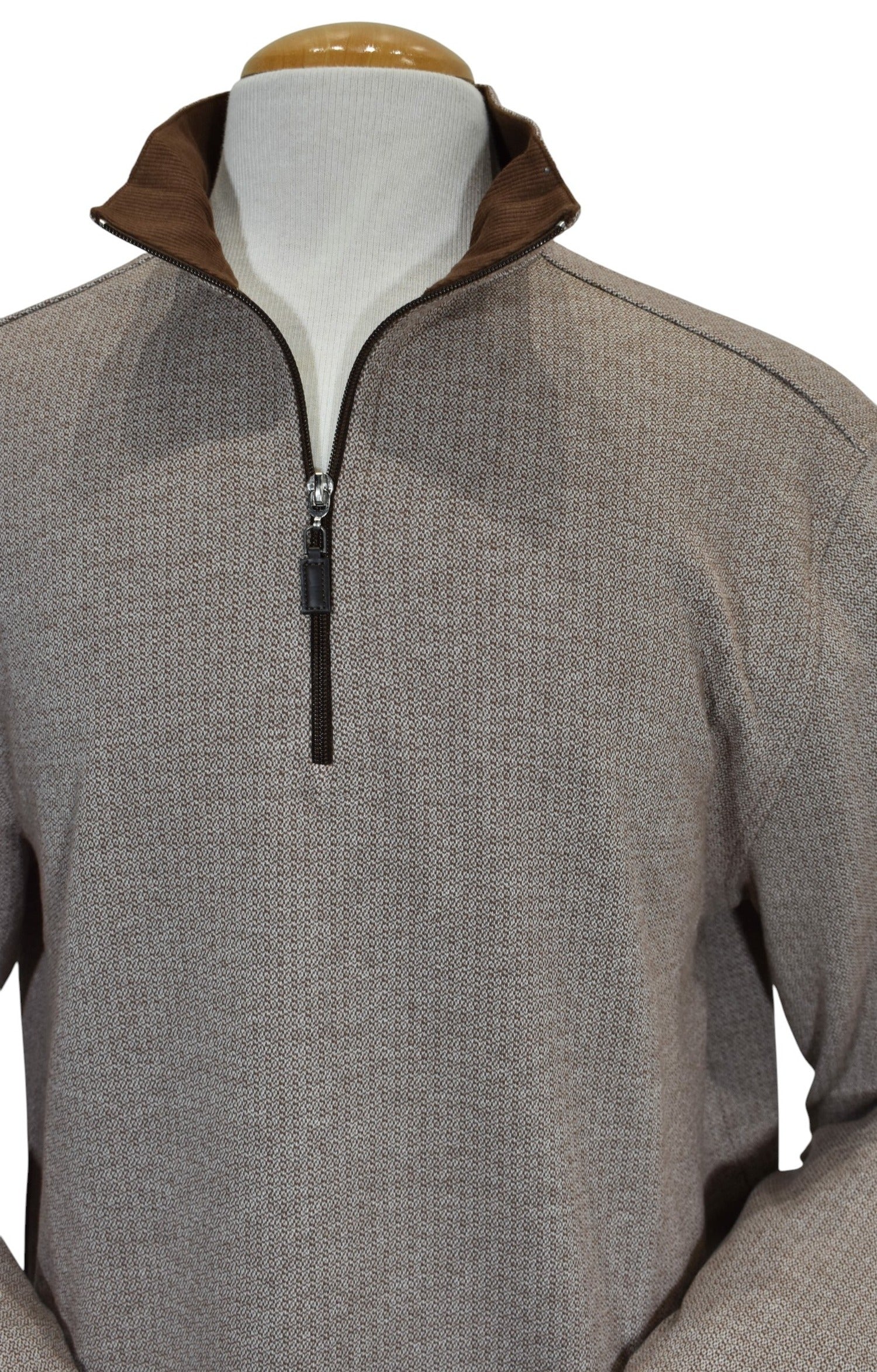 Marcello quarter zip, tan and chocolate neat pattern.