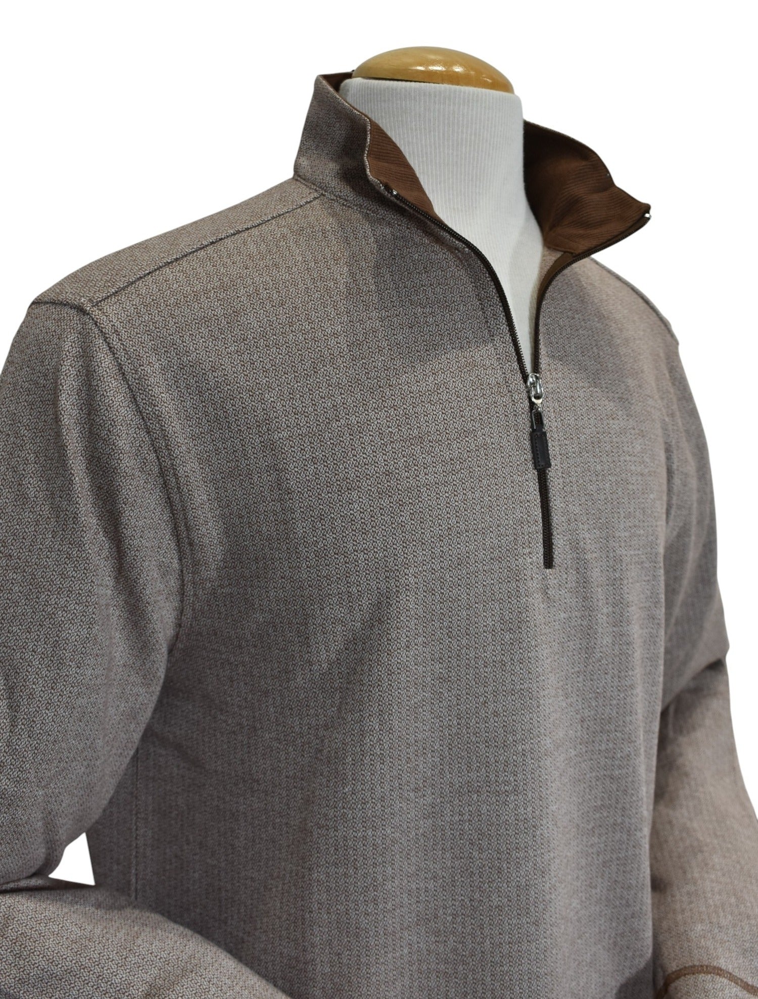 Marcello quarter zip, tan and chocolate neat pattern.