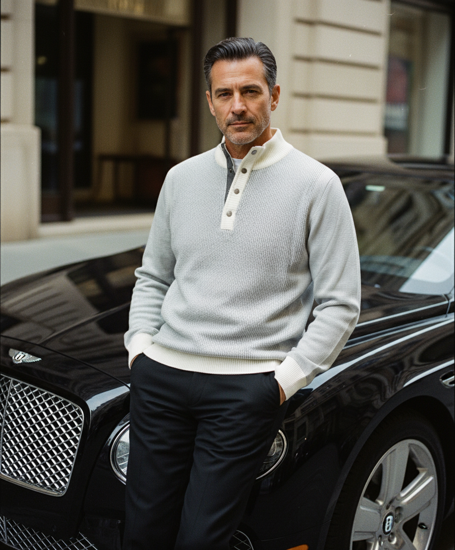 Marcello Ivory button mock pullover.