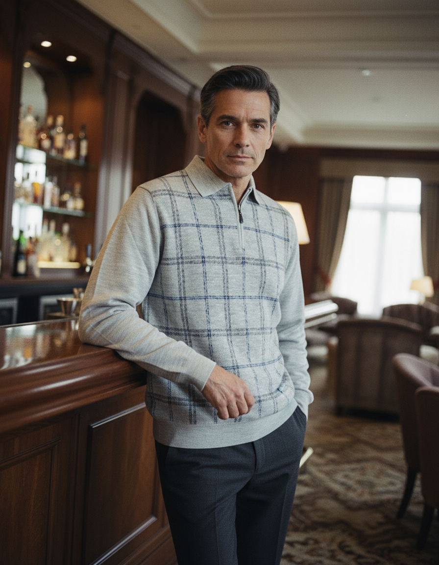 Marcello zip polo gray plaid.