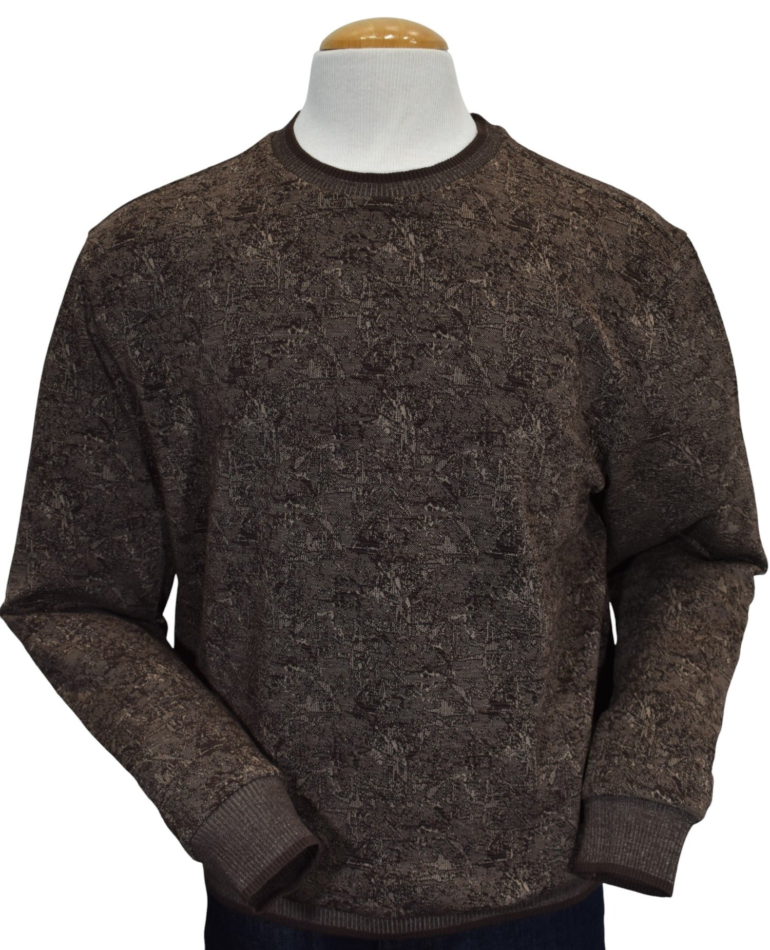Marcello chocolate abstract crew neck pullover sweater.