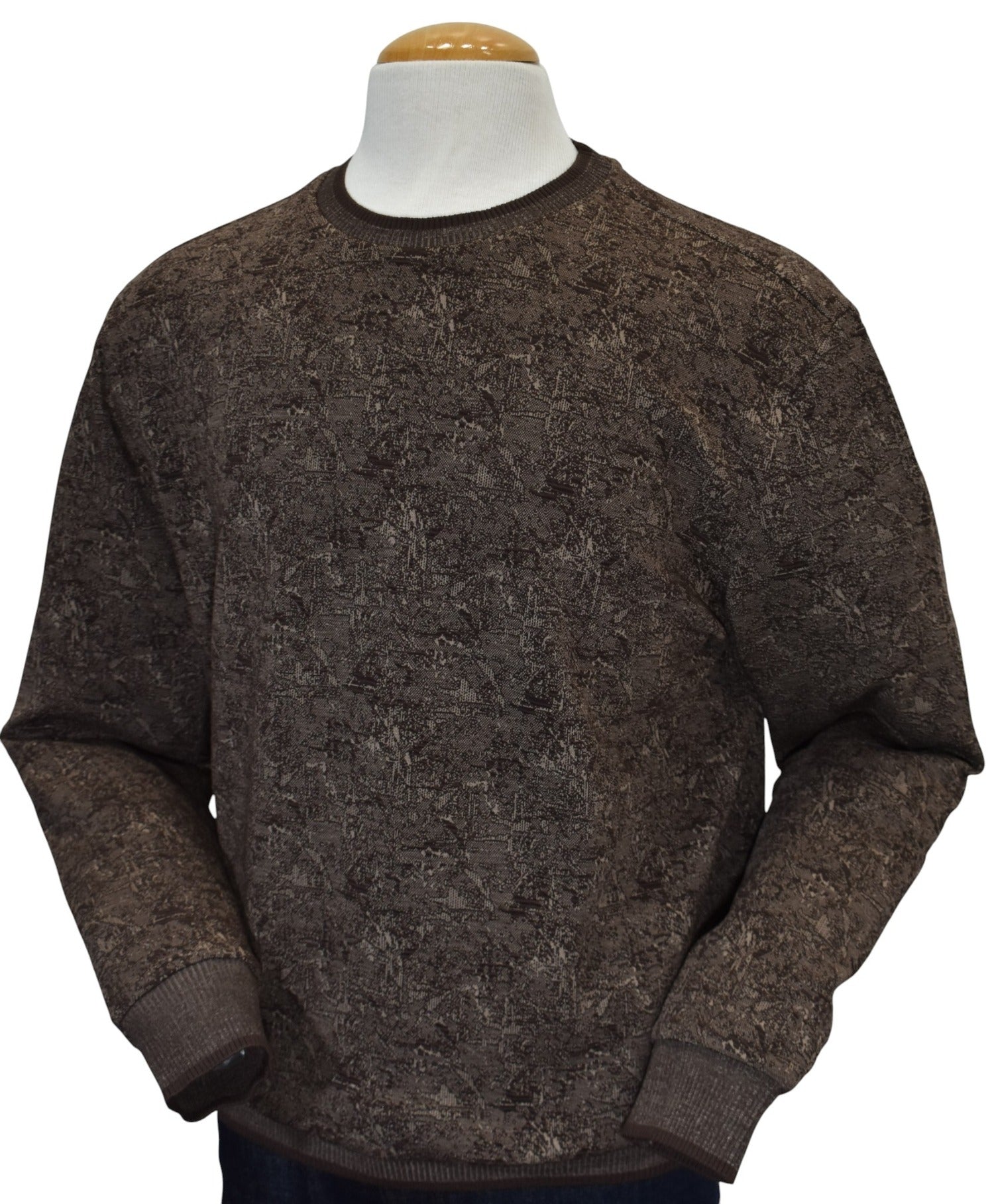Marcello chocolate abstract crew neck pullover sweater.