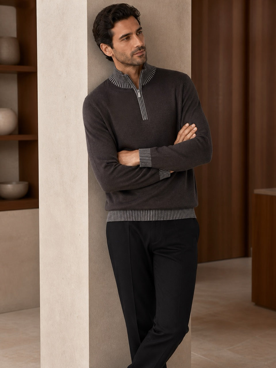 Fine Merino Wool - Charcoal Rib Quarter Zip by Marcello
