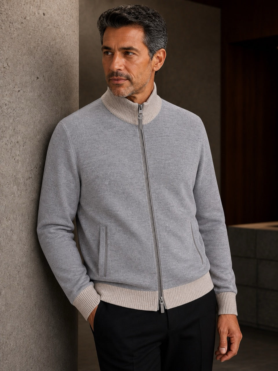 Marcello soft gray tan engineered merino wool cardigan.