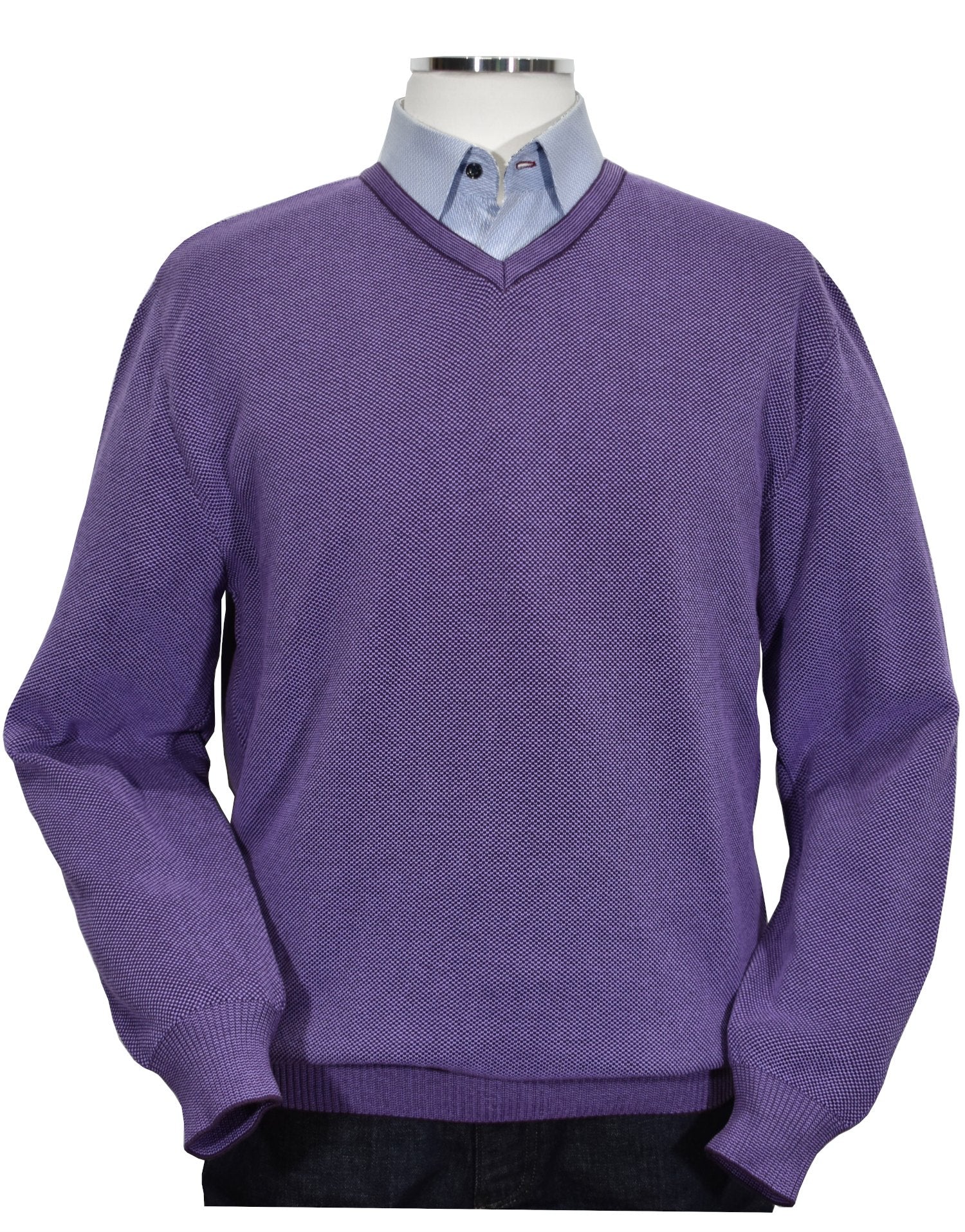 For something timeless and classic, look no further than our signature v-neck light layer, made from ultra-soft Italian cotton with a two-color mixed yarn look for added depth. A perfect complement for cool days, boasting classic banded cuffs and a waist band as well as a comfortable fit.   Italian Popcorn Stitch Sweater by Marcello.