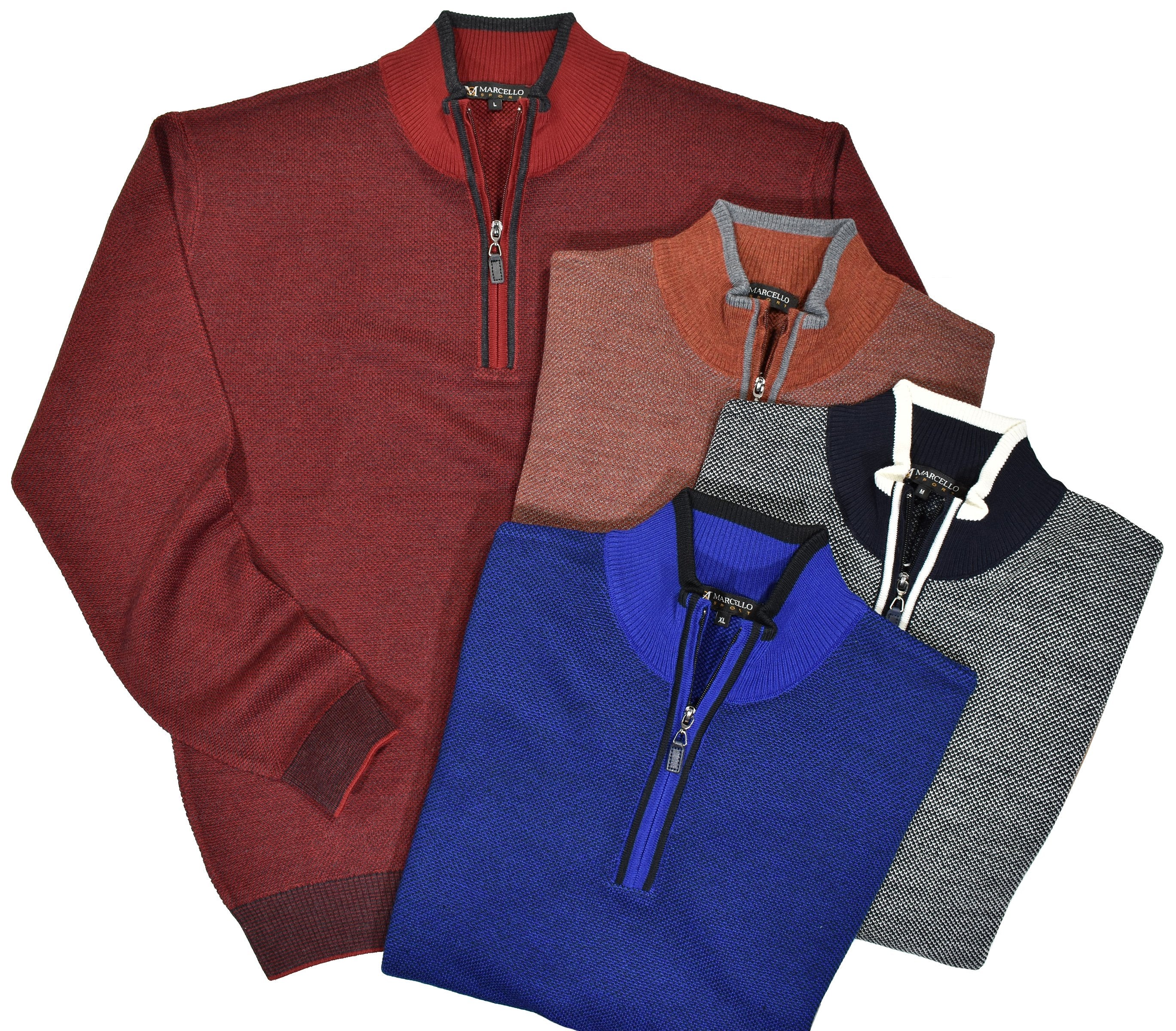A staple for every man, our finely knitted quarter zips are perfect for dress or casual occasions. Fine two color yarn knitted together and contrast stitch work add style. Classic fit, Italian merino wool blend.
