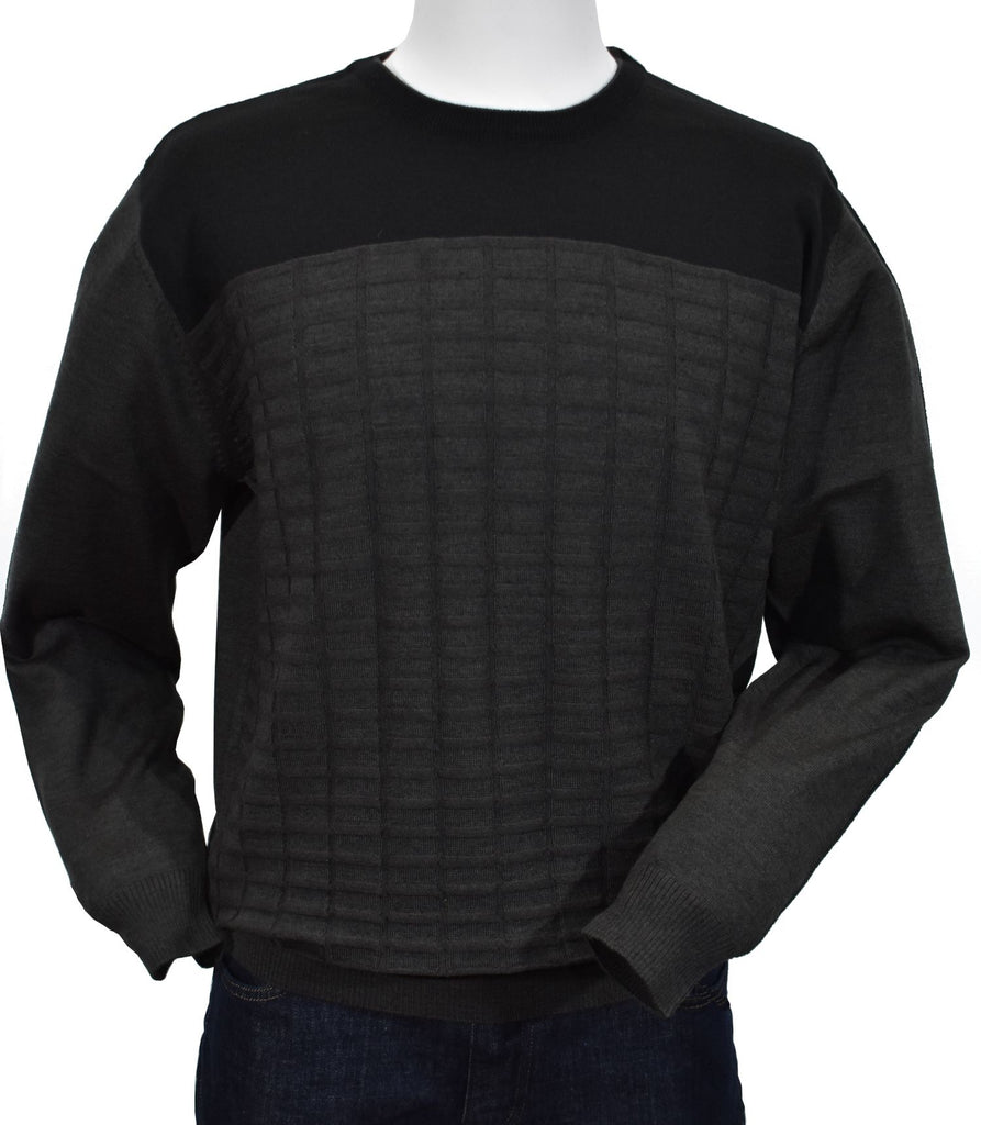 Stay warm and look great in this charcoal engineered panel sweater! The lightweight Italian merino wool blend features a cool panel design and a modern fine grid pattern, for a unique and fashionable look. The classic banded cuffs and waistband provide lasting comfort and a classic fit. 