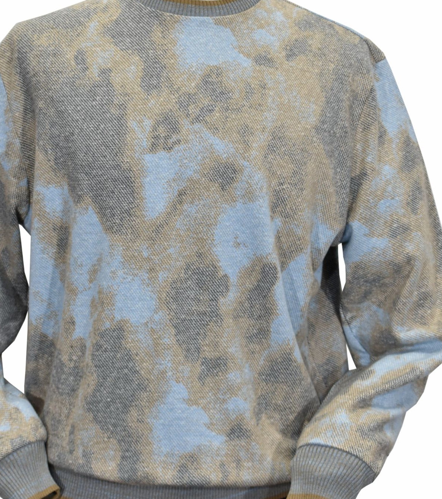 Elevate your casual look to the next level! 878 Earth Cloud Abstract is perfect for a chic, fashionable style. Its lightweight, airy fabric and subtle blue, tan, and grey colors add a touch of elegance. You'll feel great and look even better in this classic fit.  Wool viscose blend for an outstanding hand feeling. Classic fit.