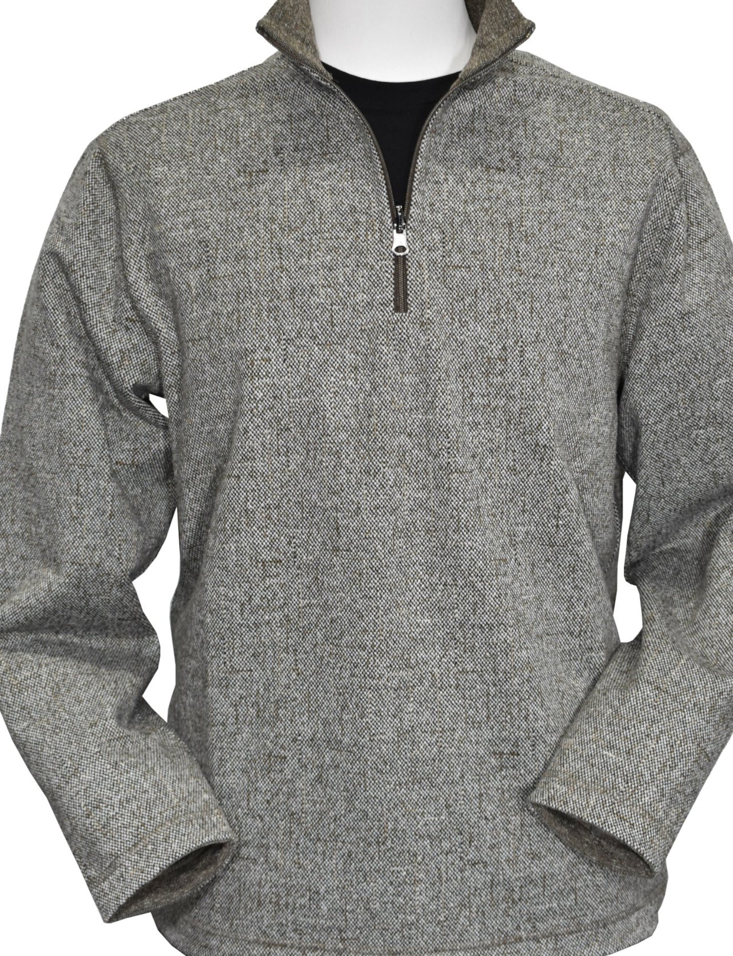 Get the best of both worlds with a Marcello Tweed Reversible Quarter Zip. Featuring a classic ivory and chocolate pebble finish on one side and stylish chocolate with ivory accents on the other, this versatile quarter zip offers two looks in one. Complete with welted fashion seams and a tubular finish, it's the perfect addition to your wardrobe.