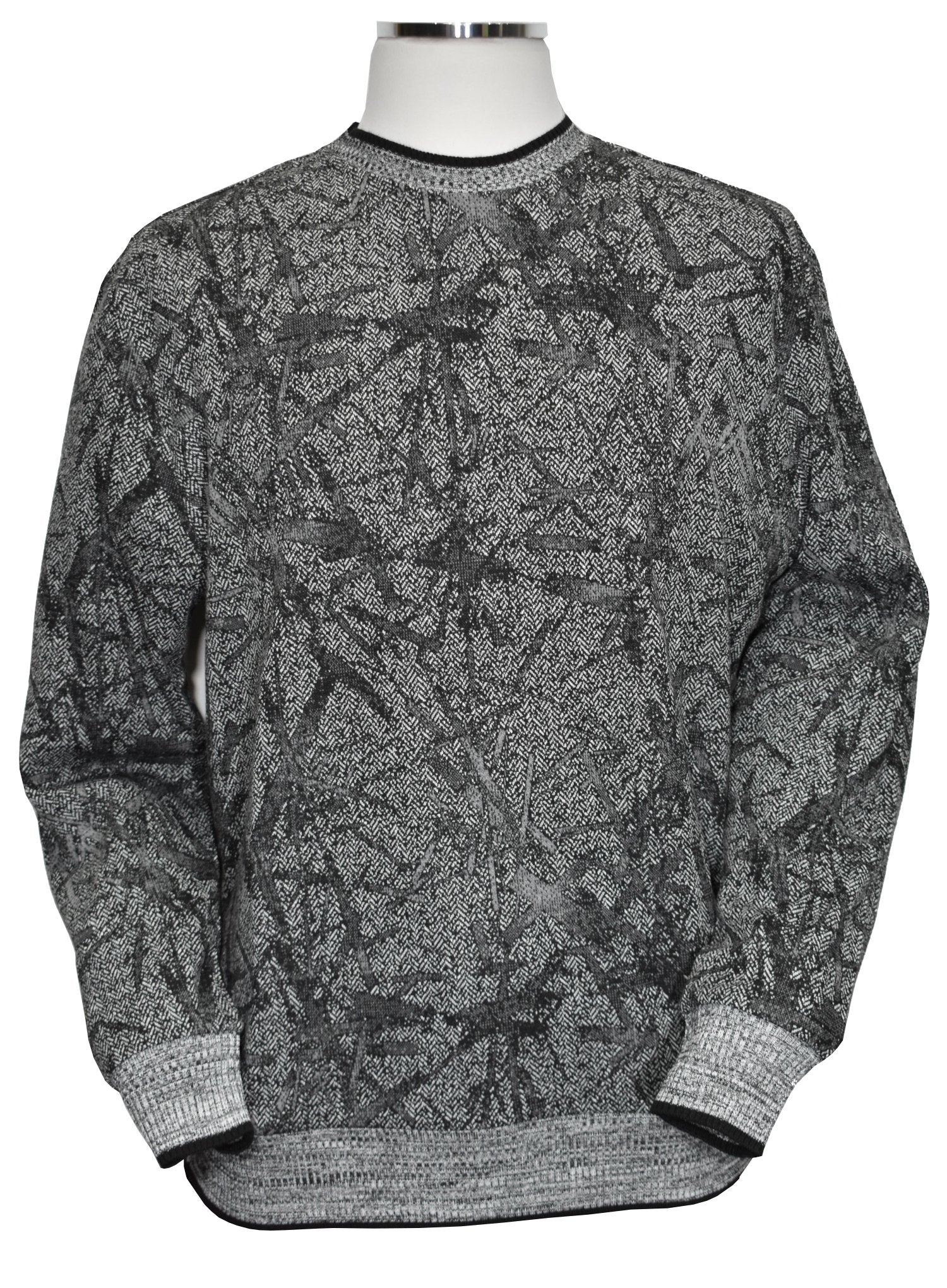 Introducing the Marcello Steel Electro Sweater - a perfect blend of cotton, viscose, and microfiber that creates a lightweight, soft knit for ultimate comfort and stretch. Its sophisticated gray tones and and charcoal highlights, along with a stylish abstract pattern, will elevate any outfit. Fantastic when paired with charcoal or black bottoms.