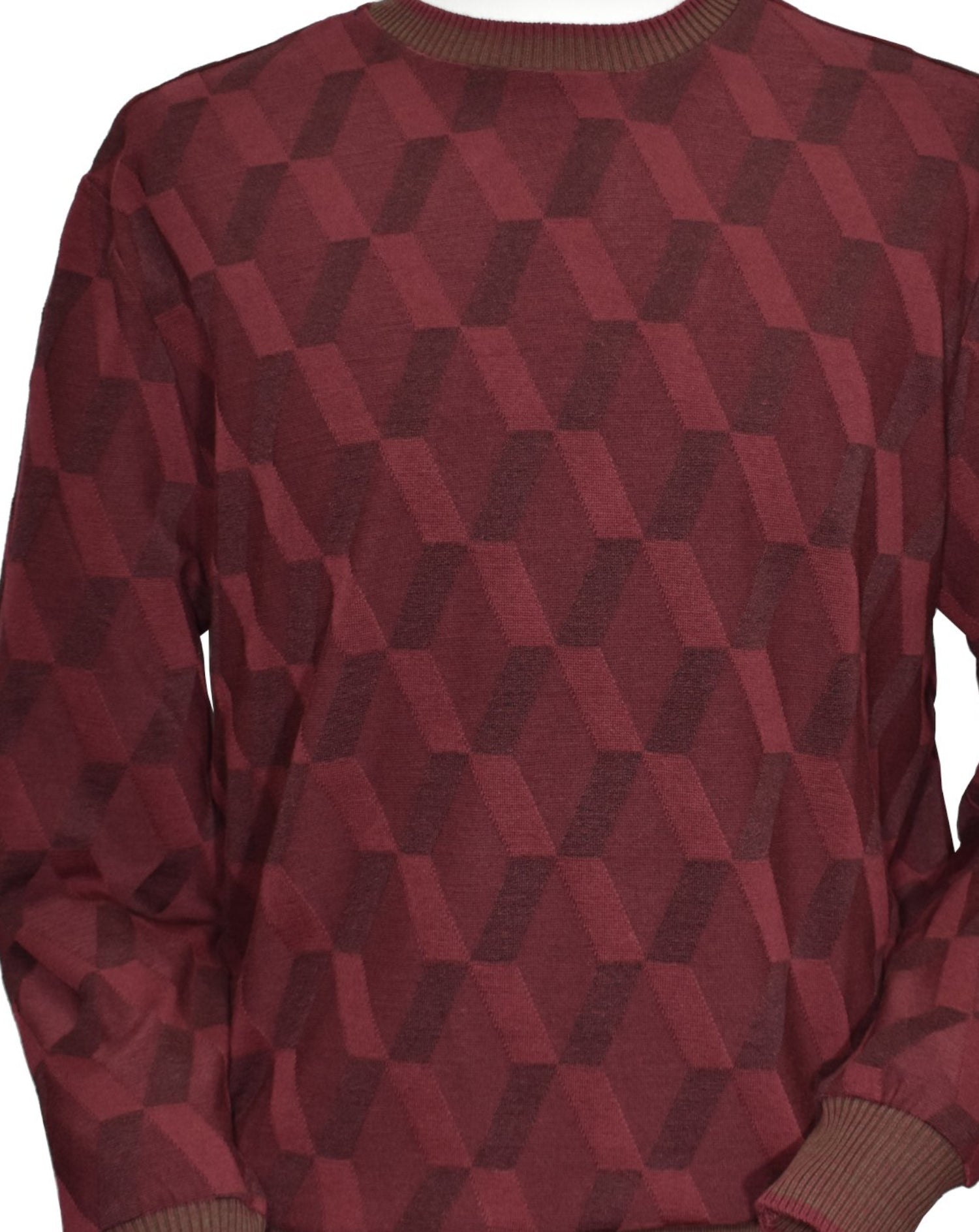 Fashion style in the Marcello Wine Diagonal Jacquard Sweater - a perfect blend of cotton, viscose, and microfiber that creates a lightweight, soft knit for ultimate comfort and stretch. Trendy diamond jacquard in wine shaded tones and with accent highlights, along with a stylish abstract diagonal pattern, will elevate any outfit.&nbsp;