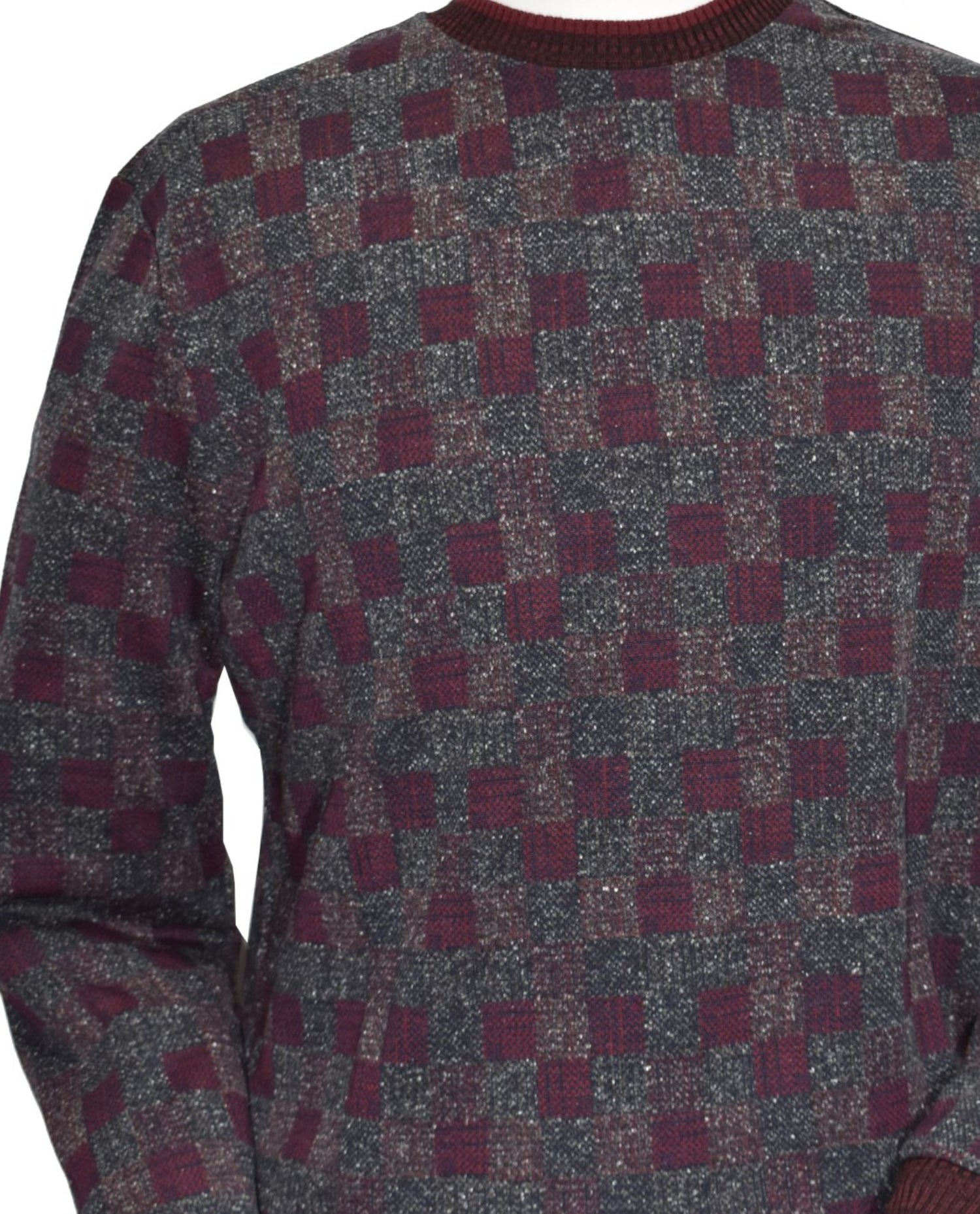 Unique chalet wine melange Marcello Jacquard Sweater - a perfect blend of cotton, viscose, and microfiber that creates a lightweight, soft knit for ultimate comfort and stretch. Its unique mixture of charcoal melange and wine tones, along with a stylish abstract grid pattern, will elevate any outfit.&nbsp;