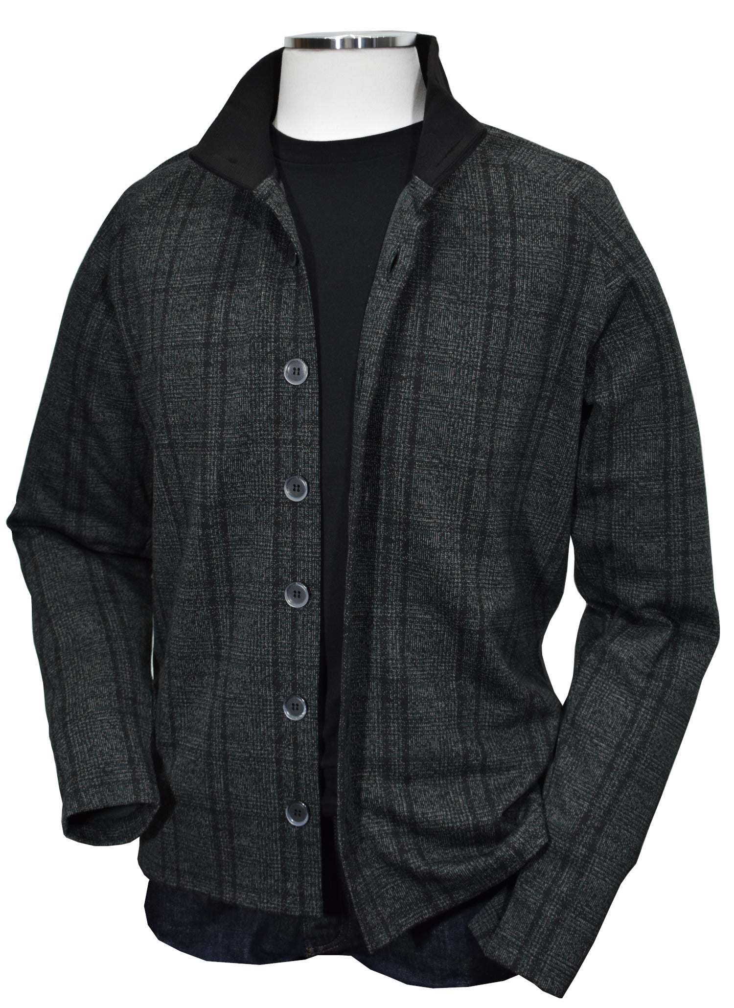 Introducing the Marcello Vince Sport Button Shacket. Enjoy the masterful combination of style and functionality in a shacket. This shirt jacket features a classic mock collar and button enclosure, along with open sleeve cuffs and a open waist band for a comfortable fit. The warm charcoal base color is accented with a black plaid pattern and a pop of emerald tones.