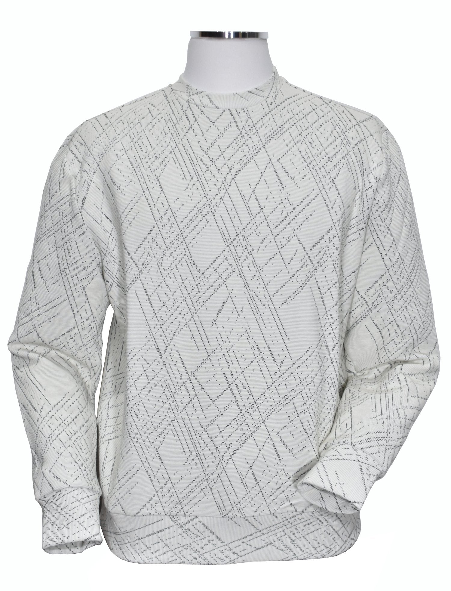 The Marcello Italian inspired Fractured Diagonals Pullover is a unique and stylish addition to your wardrobe. Made with a soft and lightweight blend of cotton, viscose, and microfiber, this pullover features a fine horizontal rib design in winter white and a fractured diagonal jacquard pattern in black. With its expert craftsmanship, it is sure to garner compliments wherever you go.