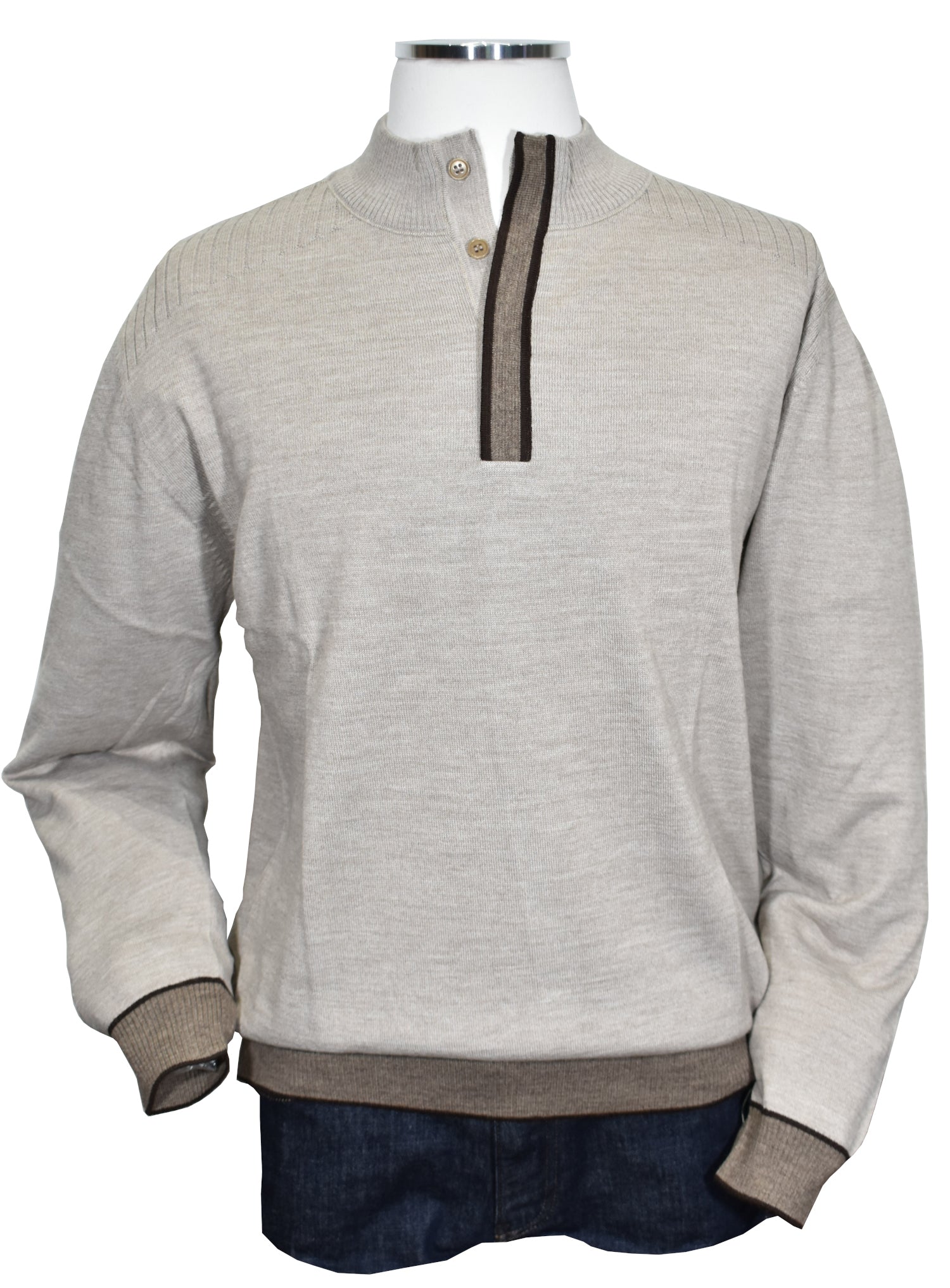 Elevate your style and comfort with Marcello's 911 Valley Mock in a warm wheat color. Made with a soft Italian merino wool blend, this lightweight sweater features a covered button mock neck and trendy chocolate accent colors. The vertical shoulder jacquard stitching adds a touch of sportiness to the look.