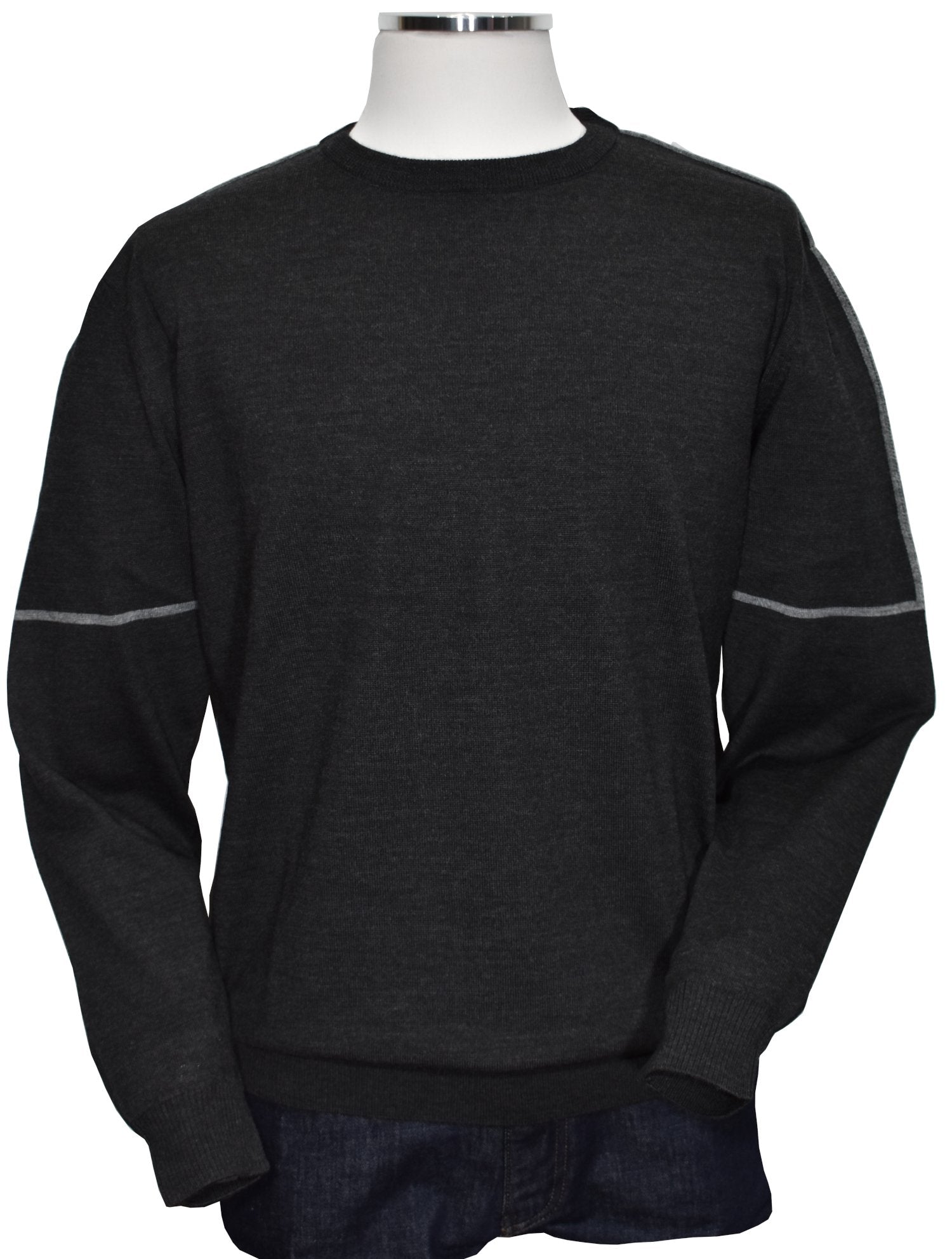 Introducing the Marcello 912 Durham Sport Pullover. Made with soft Italian merino wool yarns in a rich charcoal color, this pullover boasts a cool sport look with a silver accent running across the shoulder and sleeve. Lightweight and trendy, perfect for any occasion.