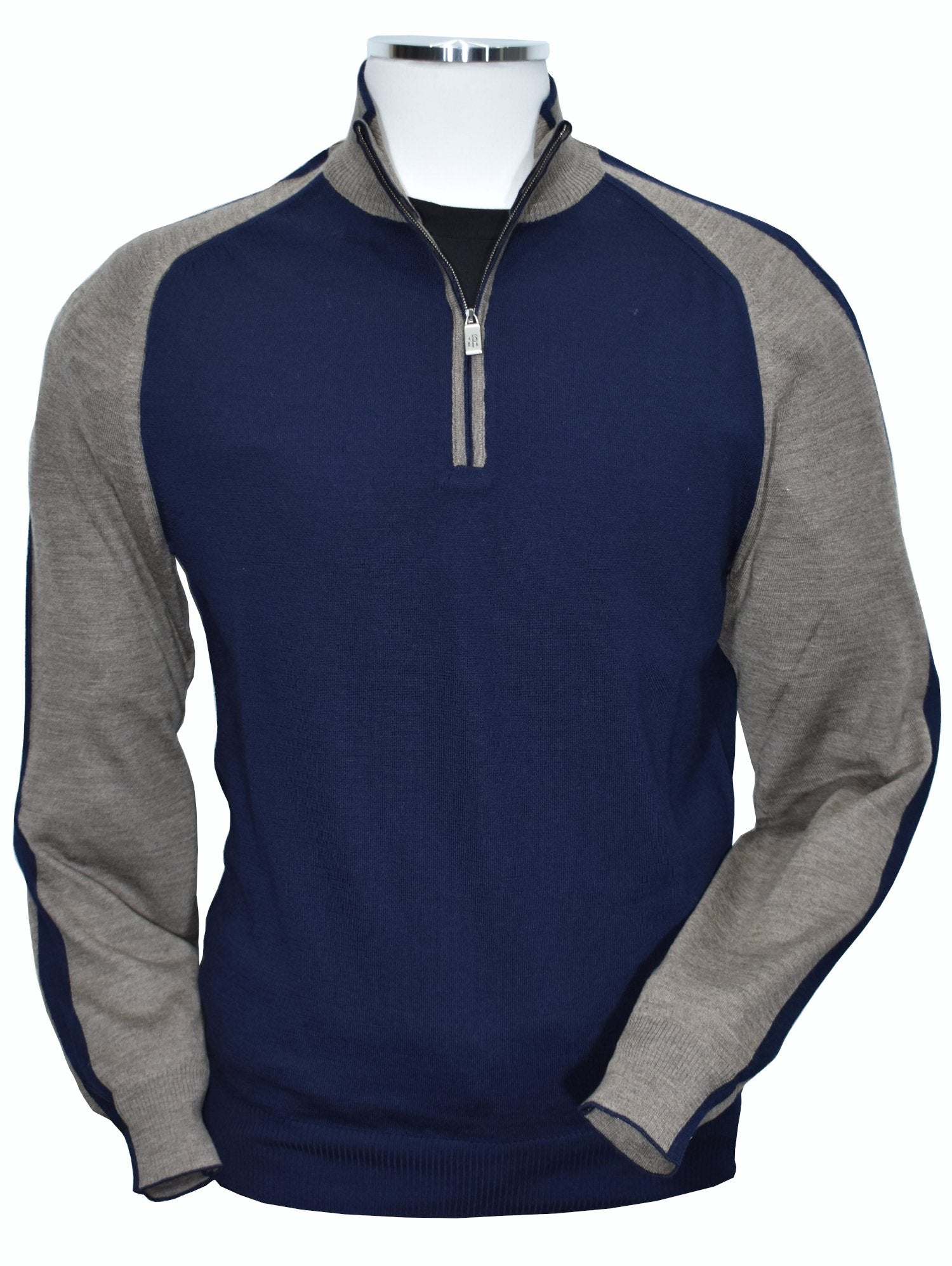 Upgrade your wardrobe with Marcello's 914 Amalfi Collection Mocha Navy-Taupe engineered quarter zip. Designed by our Unica Milano team, this Italian-made quarter zip is made from a luxurious merino wool blend that is lightweight, soft, and sophisticated. The engineered model features a contrast effect for a touch of timeless style. Elevate your fashion game with this classic piece.