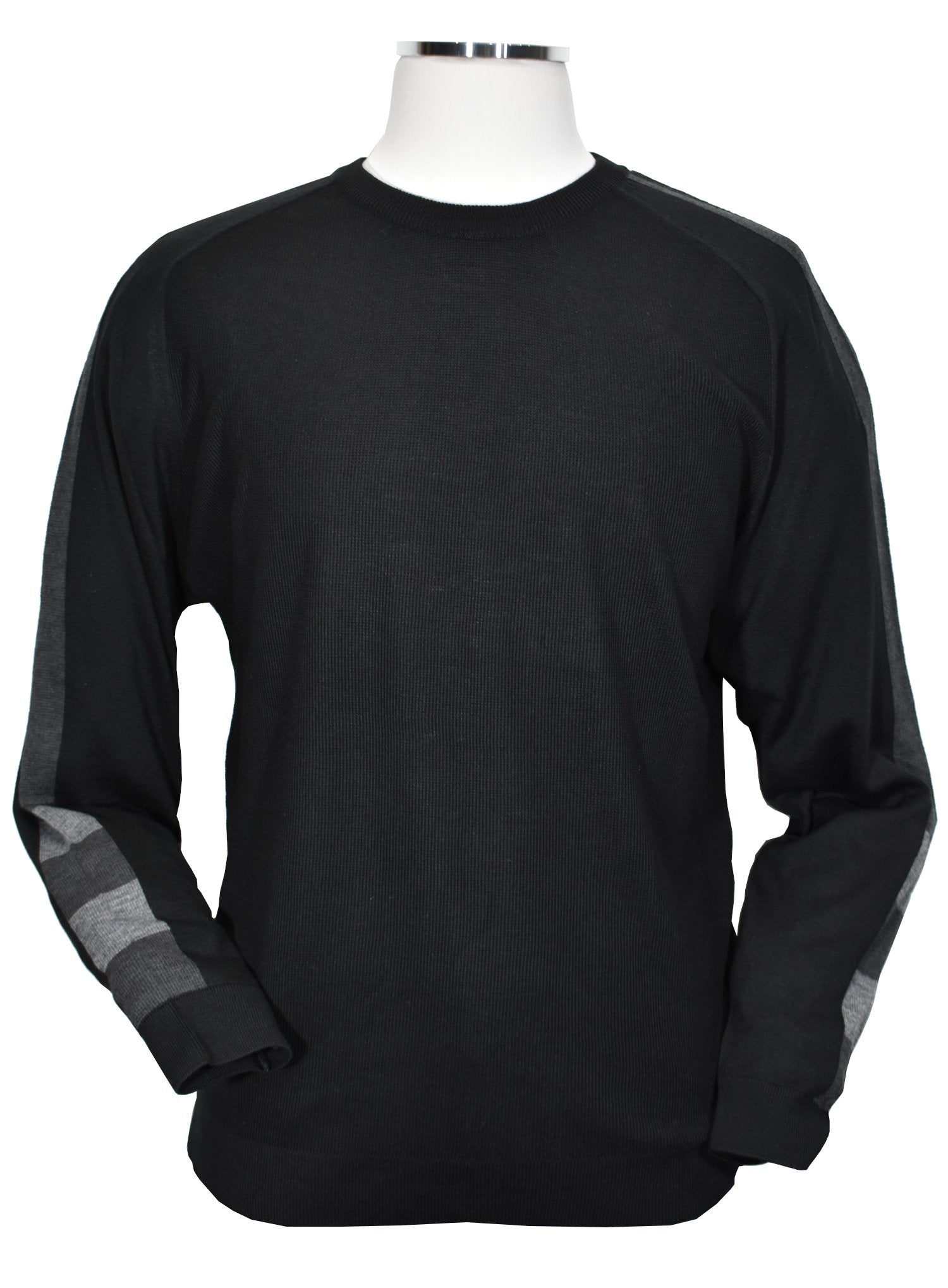 Upgrade your Fall wardrobe with a Marcello 921 Indy Midnight Sweater. Made from fine Italian merino wool blend, this solid black sweater features a charcoal shoulder and sleeve inset stripe with alternating colors on the forearm. Stay trendy and stylish with this unique and cool piece.