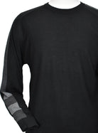 Upgrade your Fall wardrobe with a Marcello 921 Indy Midnight Sweater. Made from fine Italian merino wool blend, this solid black sweater features a charcoal shoulder and sleeve inset stripe with alternating colors on the forearm. Stay trendy and stylish with this unique and cool piece.