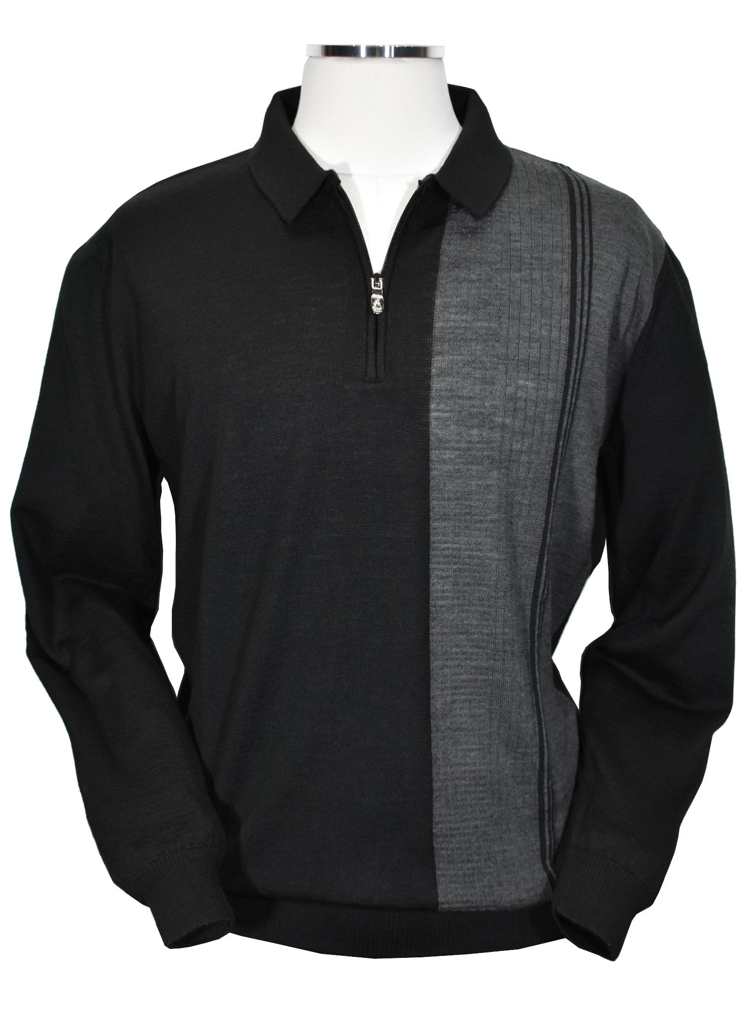 Upgrade your wardrobe with the Marcello 923 Verasano Sport Knit. Featuring a cool black zip polo with a unique vertical charcoal panel, this long sleeve polo will elevate your style. From retro to contemporary, it's versatile and stylish for any occasion.