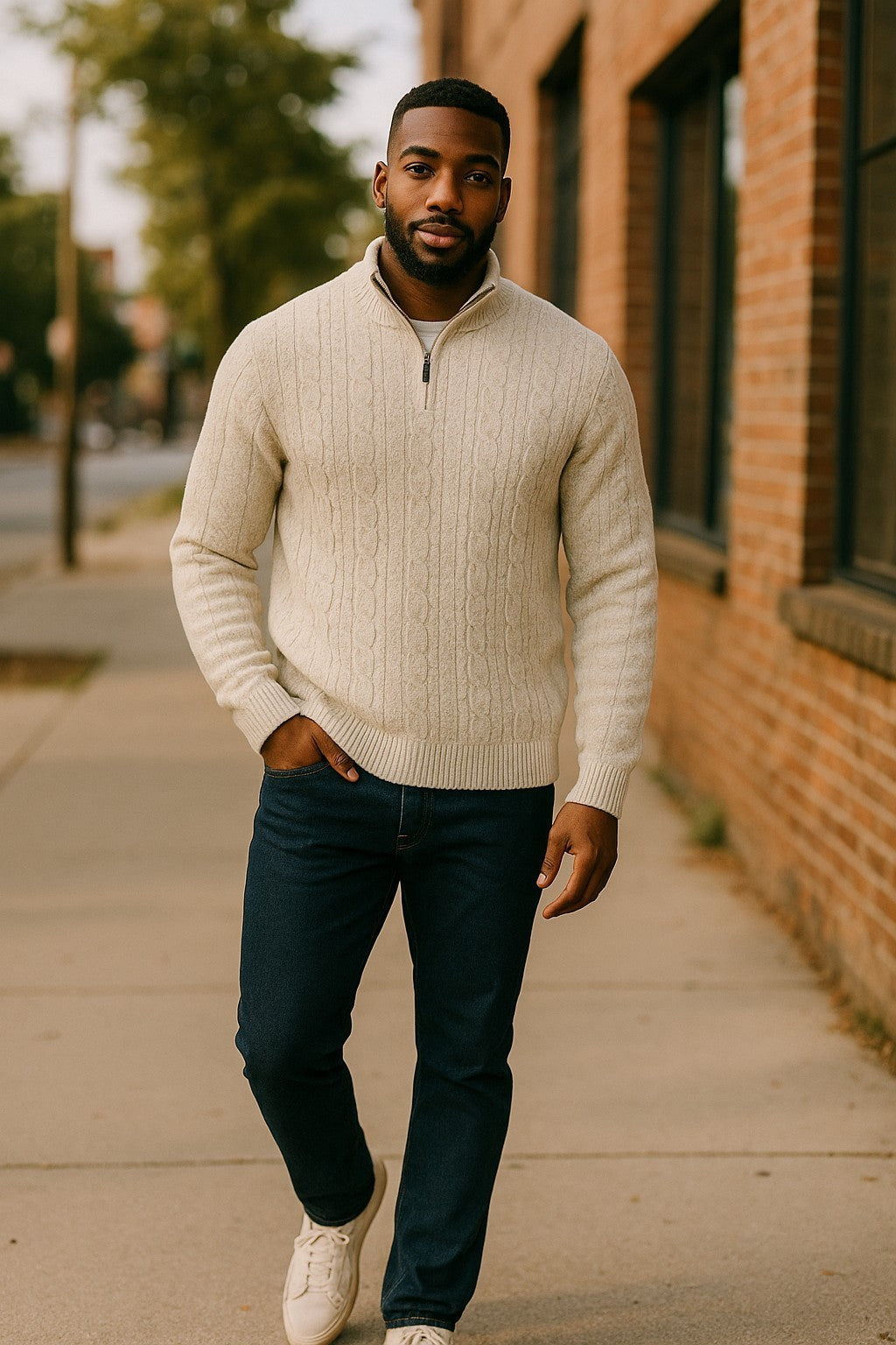 Experience luxurious comfort with our Marcello Pierce Ecru Cable Quarter Zip