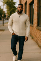 Experience luxurious comfort with our Marcello Pierce Ecru Cable Quarter Zip