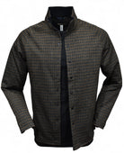 The perfect combination of chocolate and black with a touch of tan in a cool contemporary snap front shacket model by Marcello.