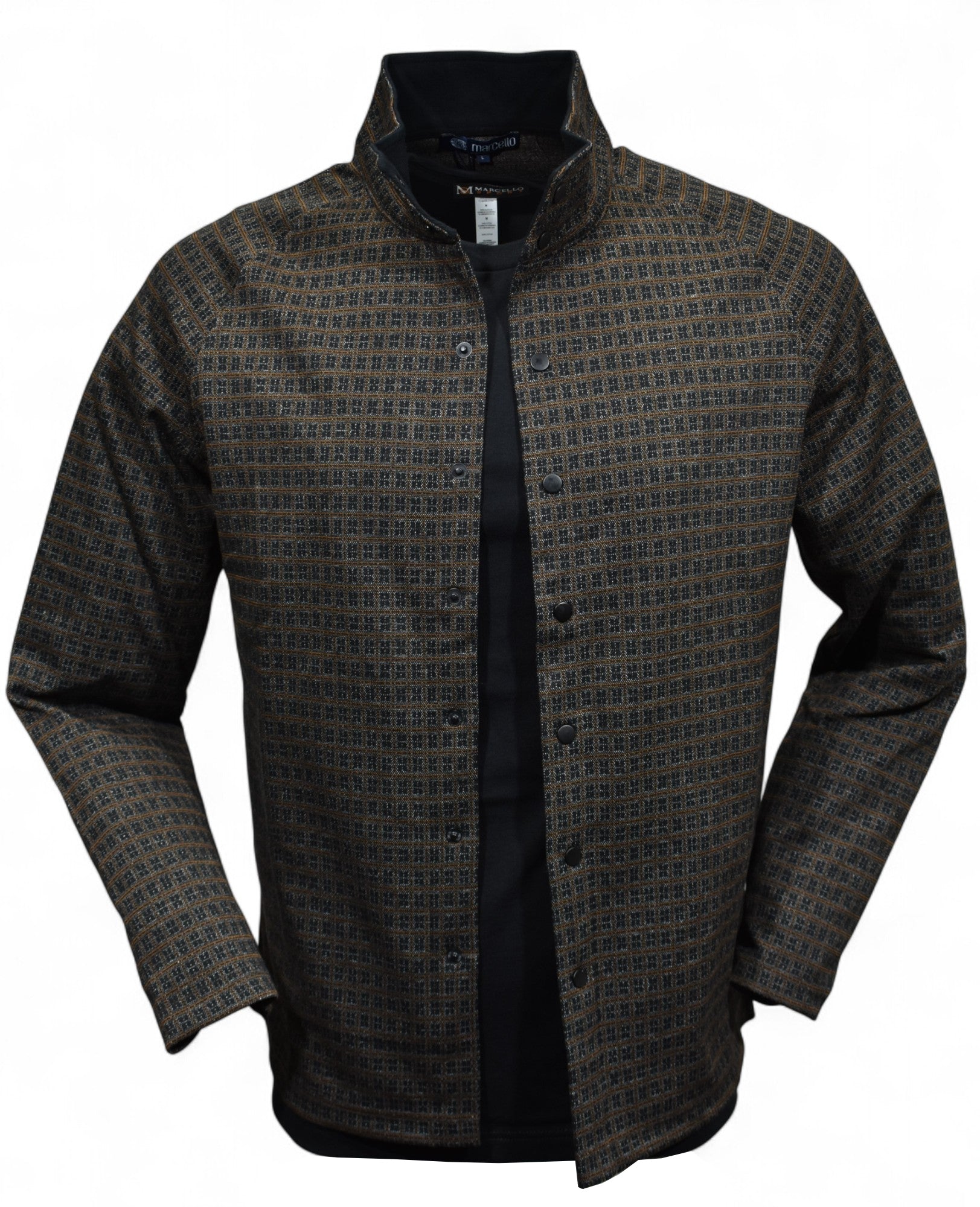The perfect combination of chocolate and black with a touch of tan in a cool contemporary snap front shacket model by Marcello.
