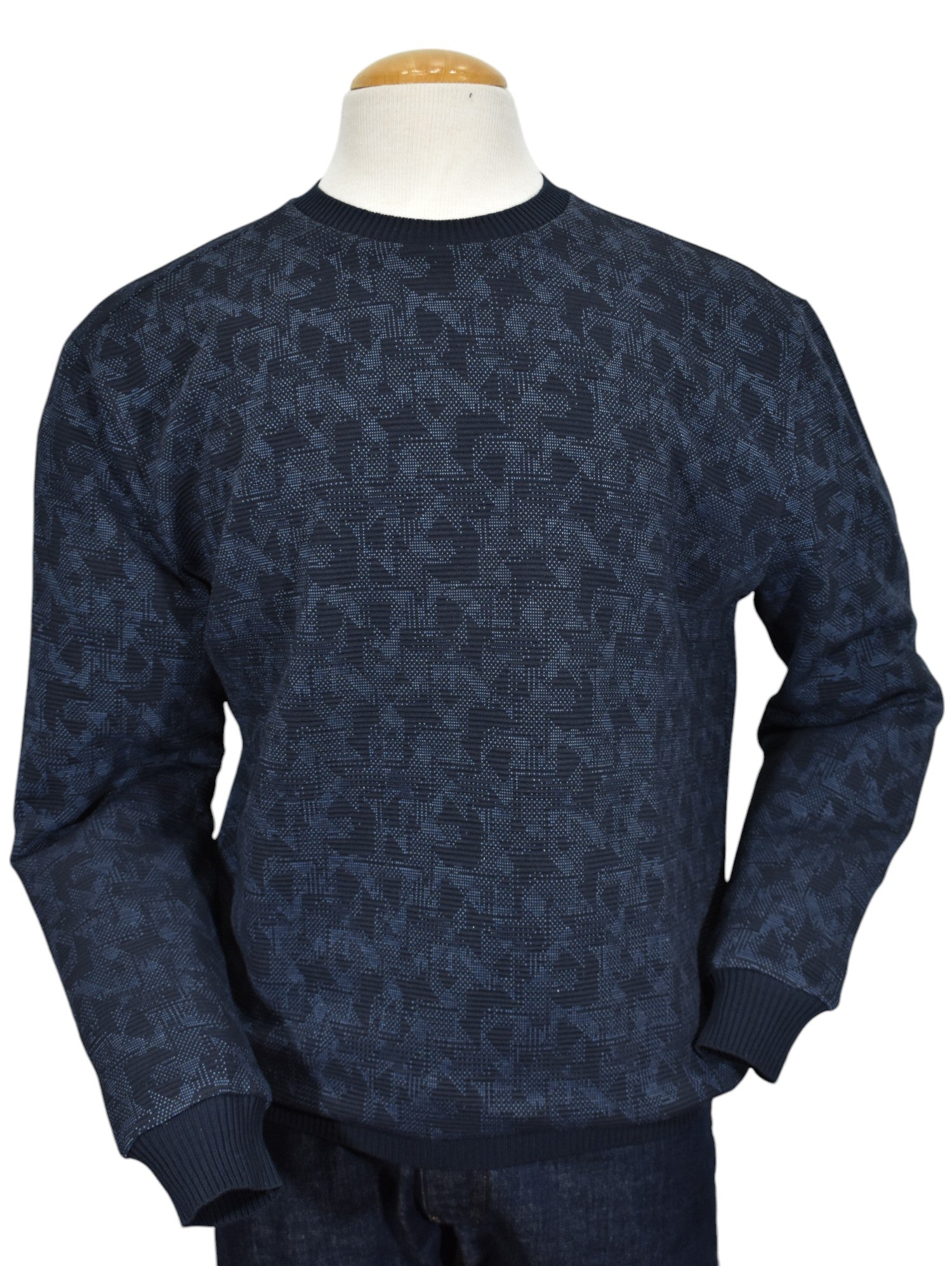 Elevate your style with our Marcello Navy Geometric Sweater!