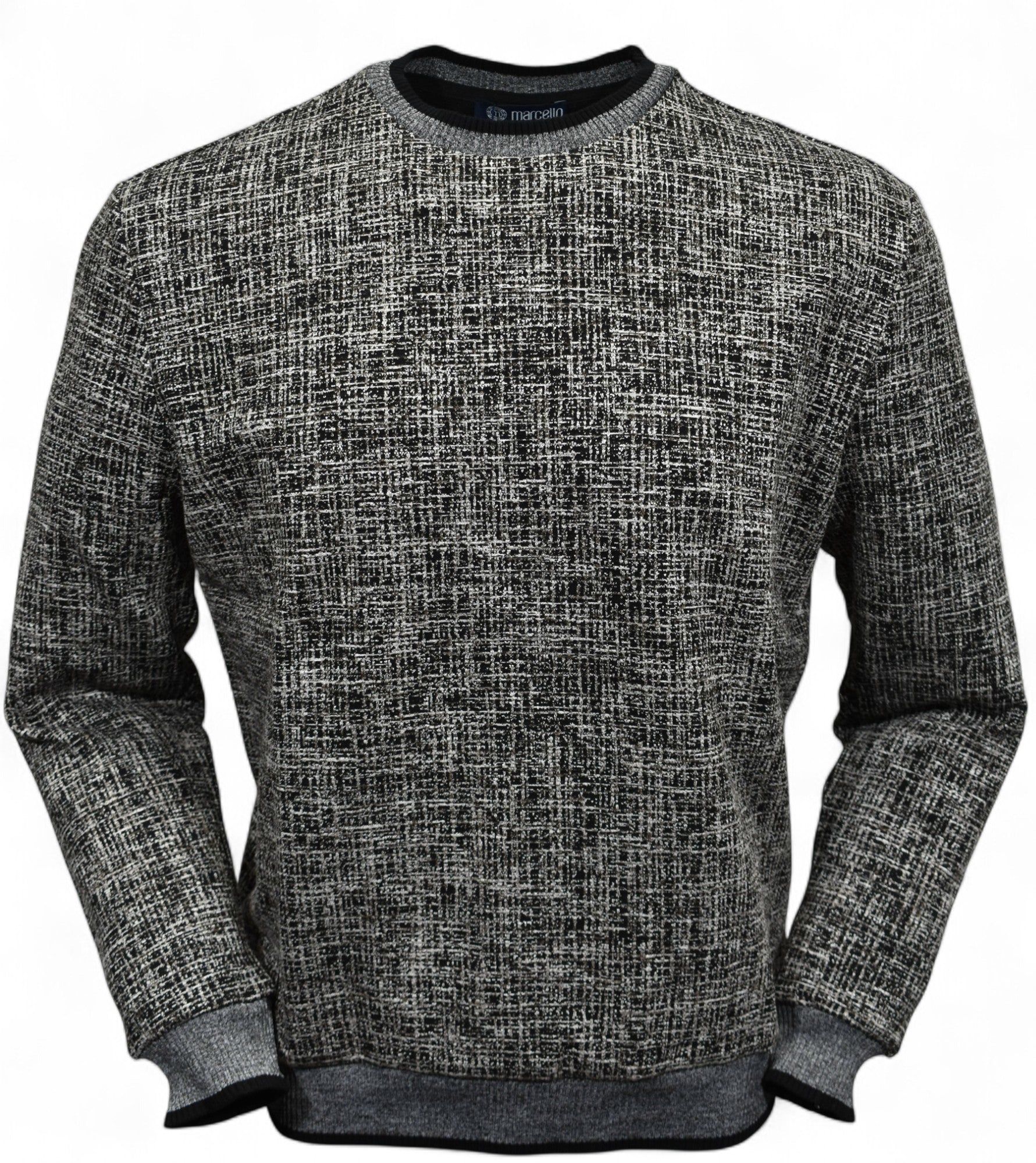 This classic crew neck sweater features a rich combination of tan, ivory, and black, making it the perfect addition to any outfit in the black or tan families. 