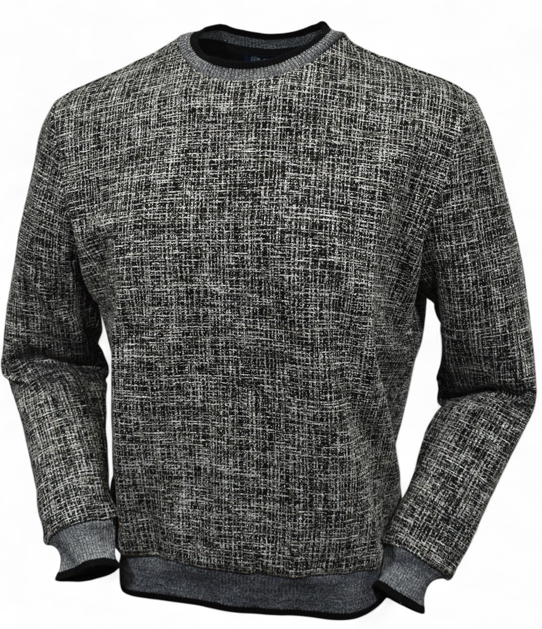 This classic crew neck sweater features a rich combination of tan, ivory, and black, making it the perfect addition to any outfit in the black or tan families. 